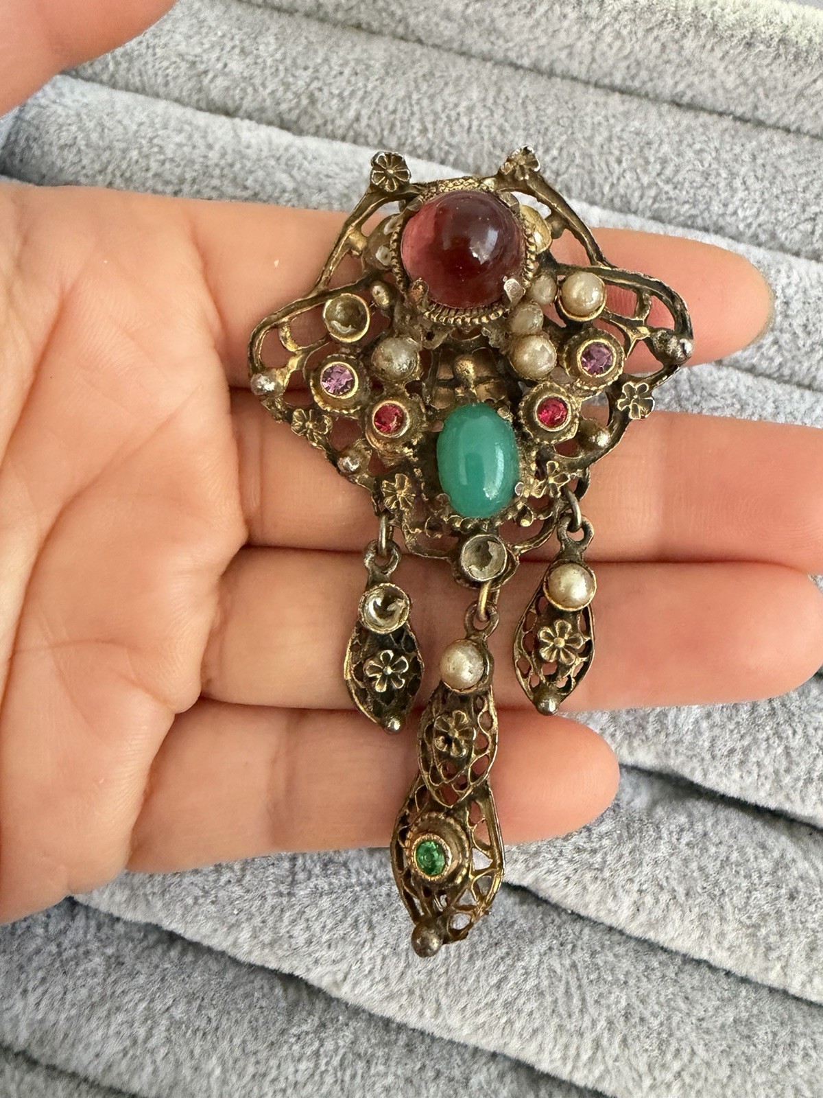 Vintage Filigree Dangle Clip Brooch Faux Pearls Cabochons Rhinestones AS IS