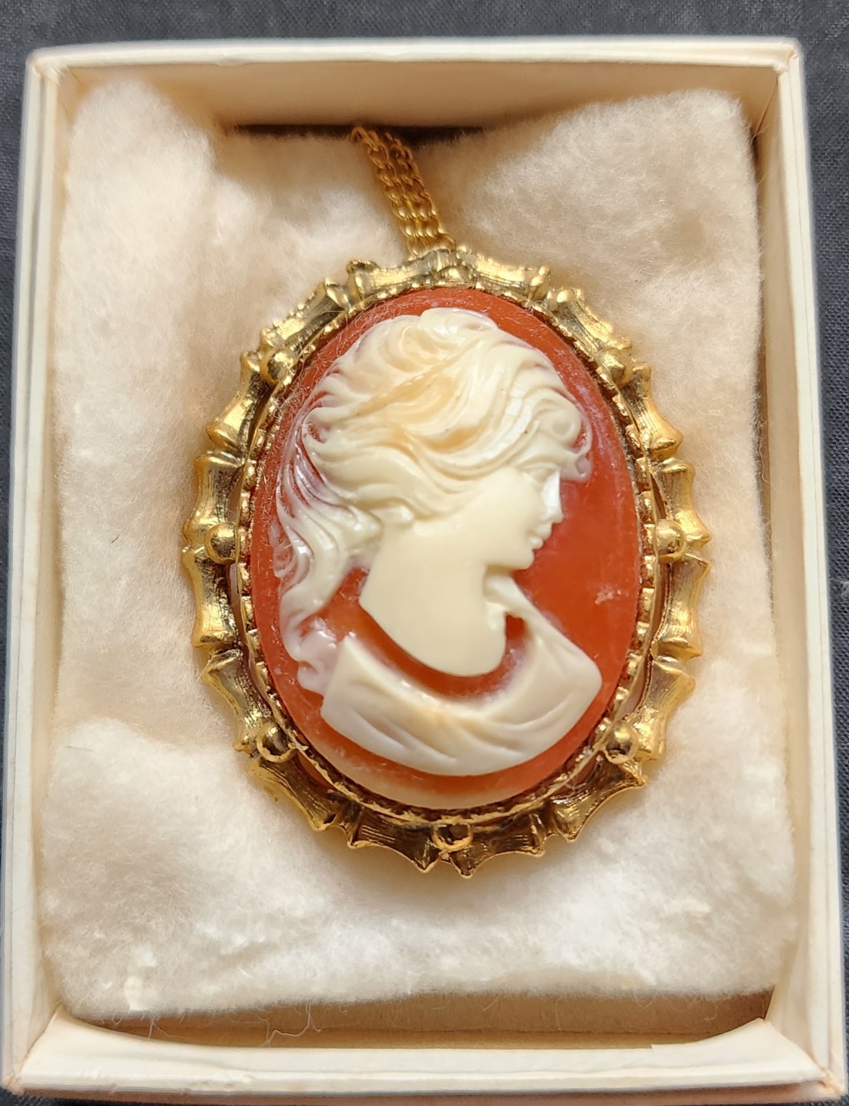Vintage Salmon Color Lady Head Cameo Necklace Pendant Brooch Pin Beautiful NOS