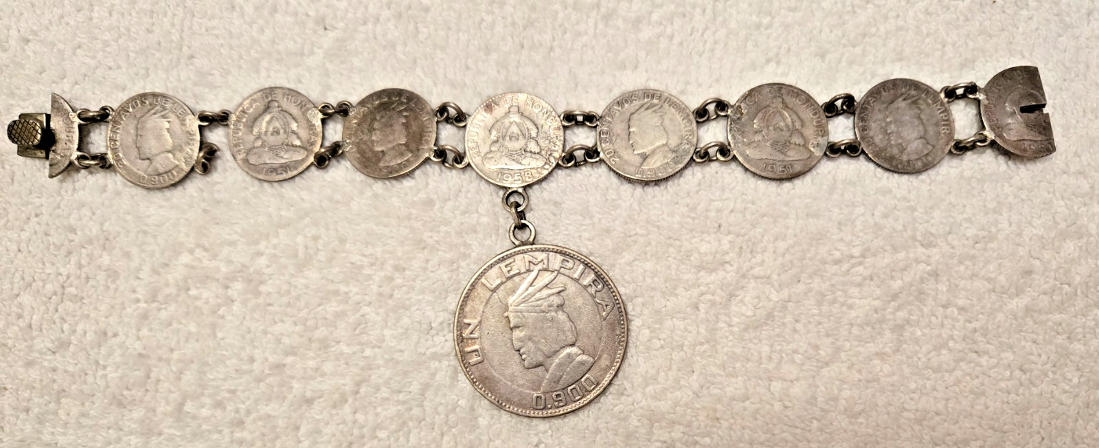 Vintage 900 Silver Coins Bracelet 1932 Lempira, 1932-1958 Centavos 37.44 Grams