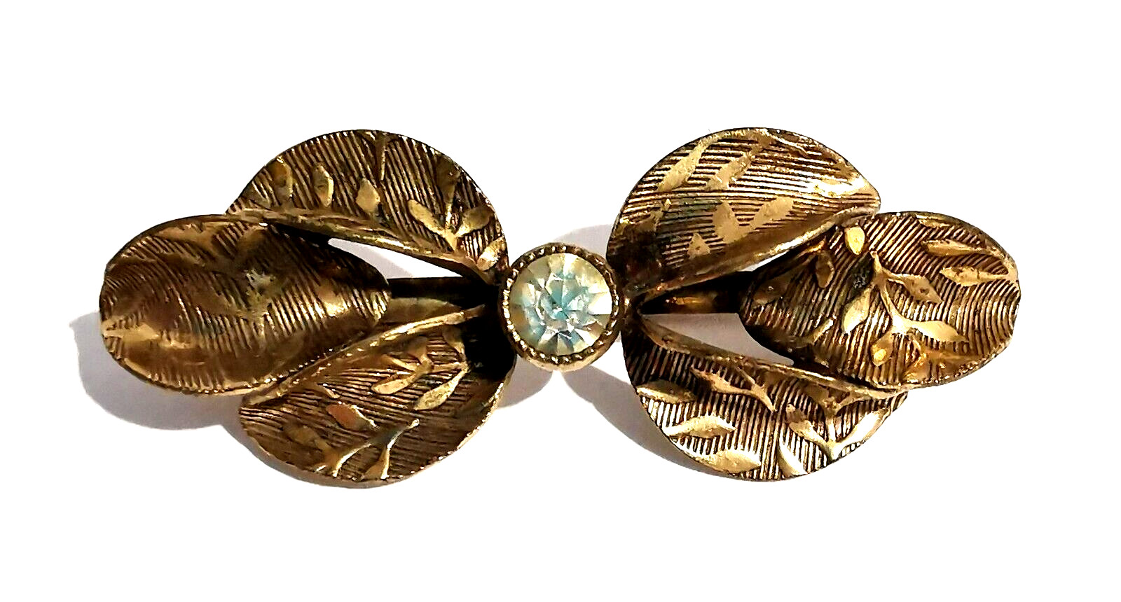 Vintage Czech Pin Brooch Floral Ornated Leafs Gilded Brass Colorless Rhinestone