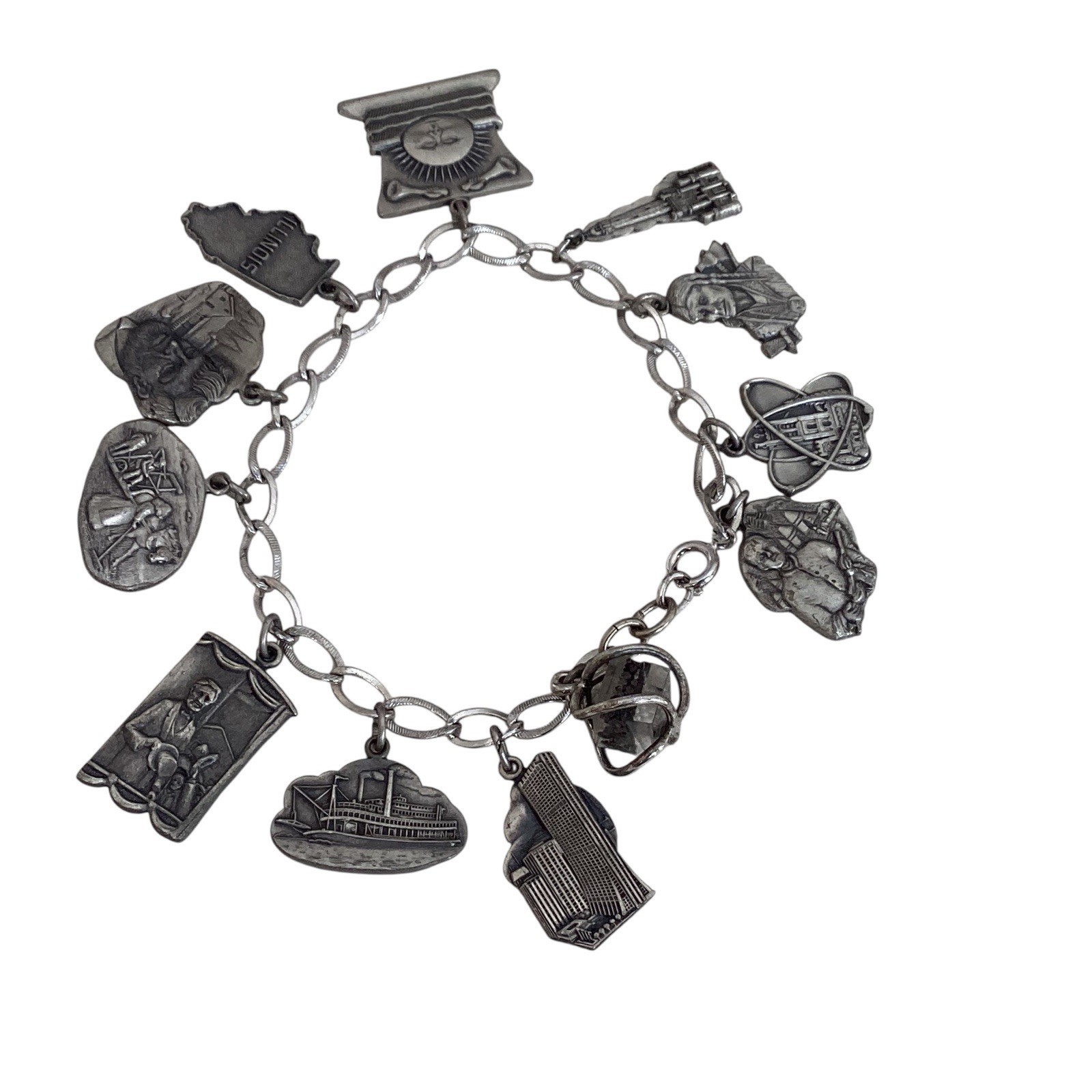 Sterling Silver Historic Illinois Charm Bracelet Lincoln Heartland Chicago 44g