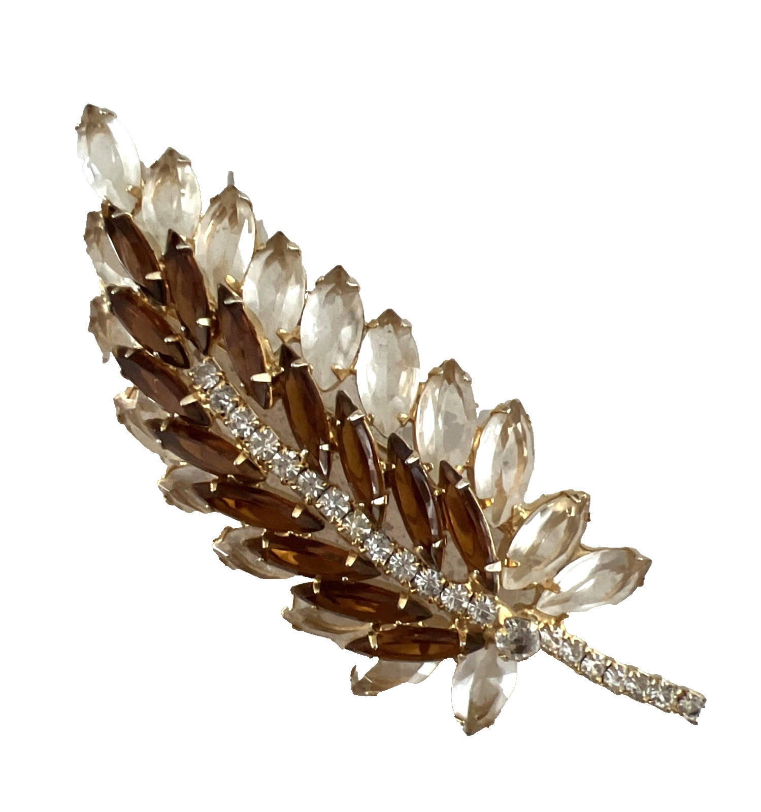 VINTAGE JULIANA DELIZZA & ELSTER AMBER and CLEAR RHINESTONE LEAF BOOCH 4″ LONG