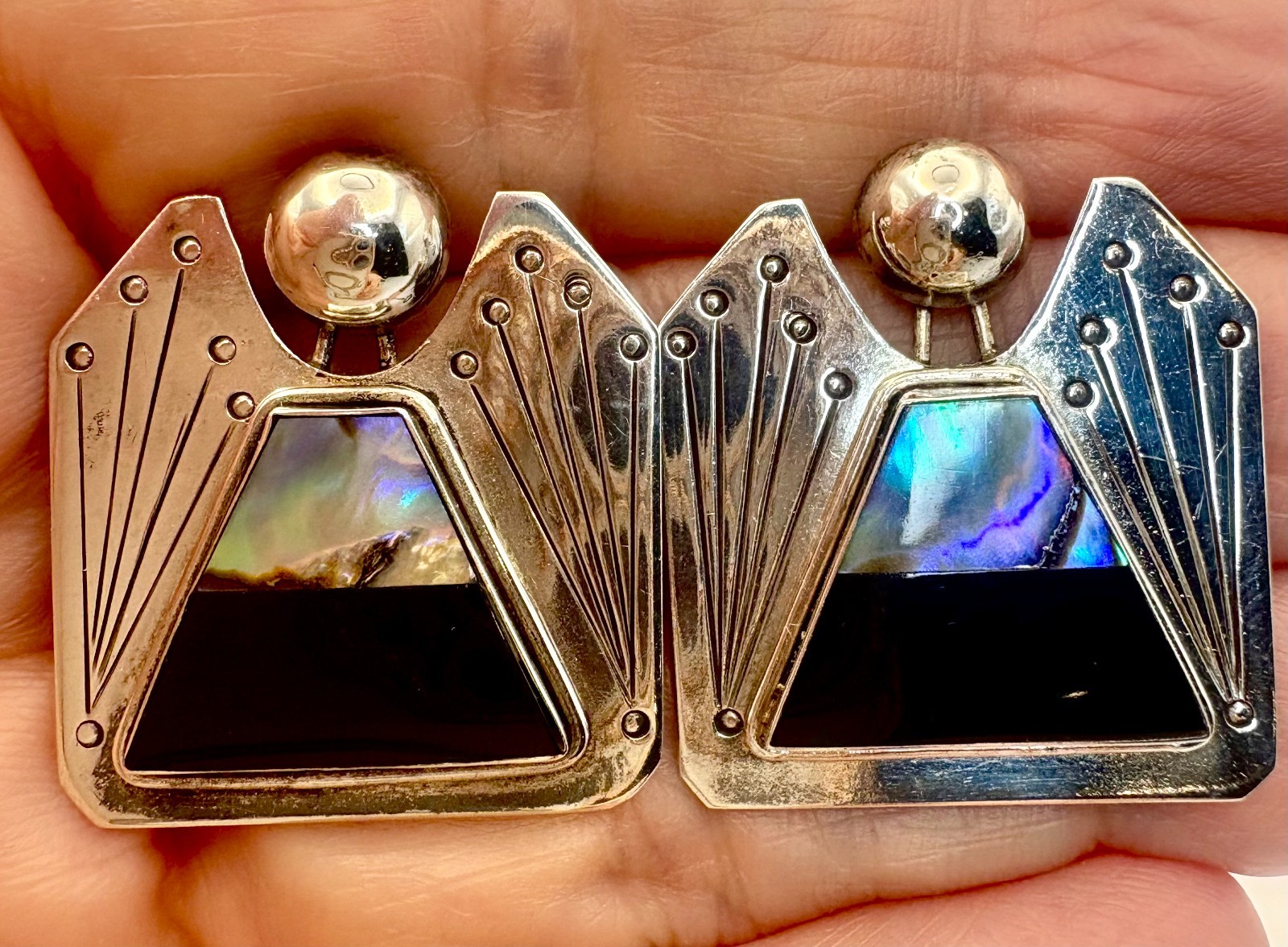 Sterling Silver 925 Black Onyx Abalone MOP Shell Angel Figure Vintage Earrings