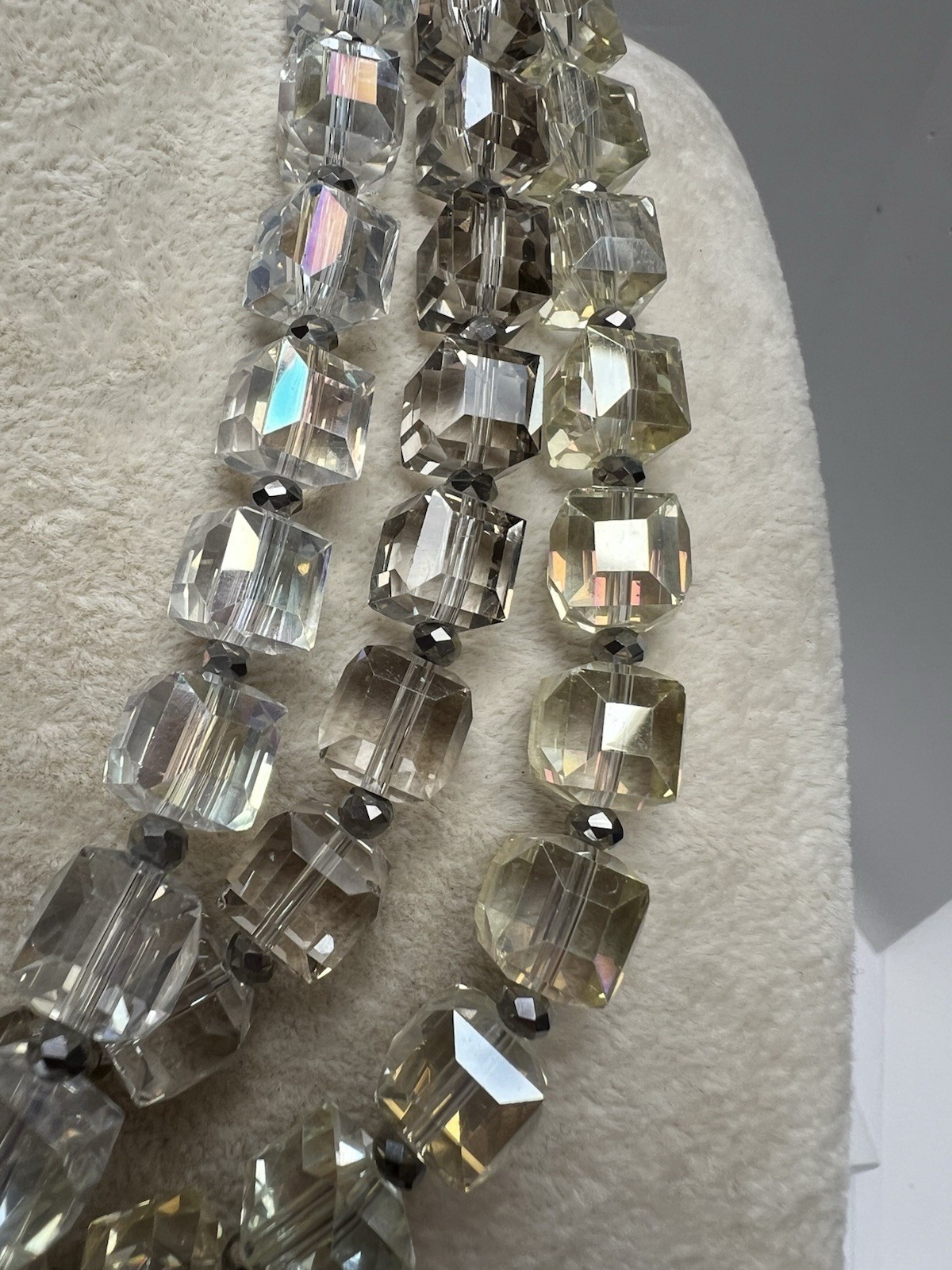 Vintage Ali Khan 3 Strand Square Bead Necklace 18” Yellow Topaz Clear Gift Box