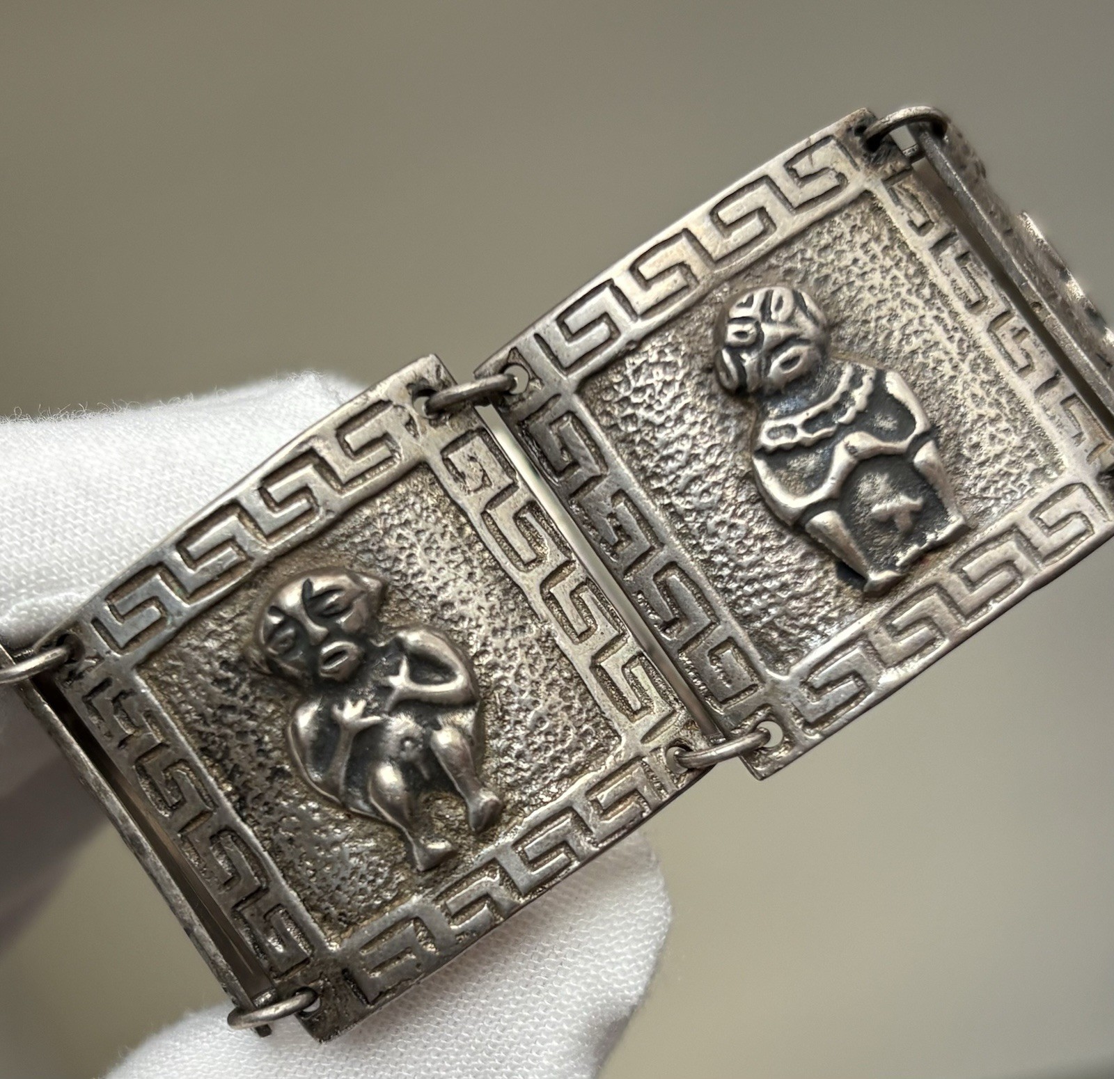 Vintage Silver Peru Panel Bracelet Ethnic Wide Heavy 7.25in 900 Plata 63.45g