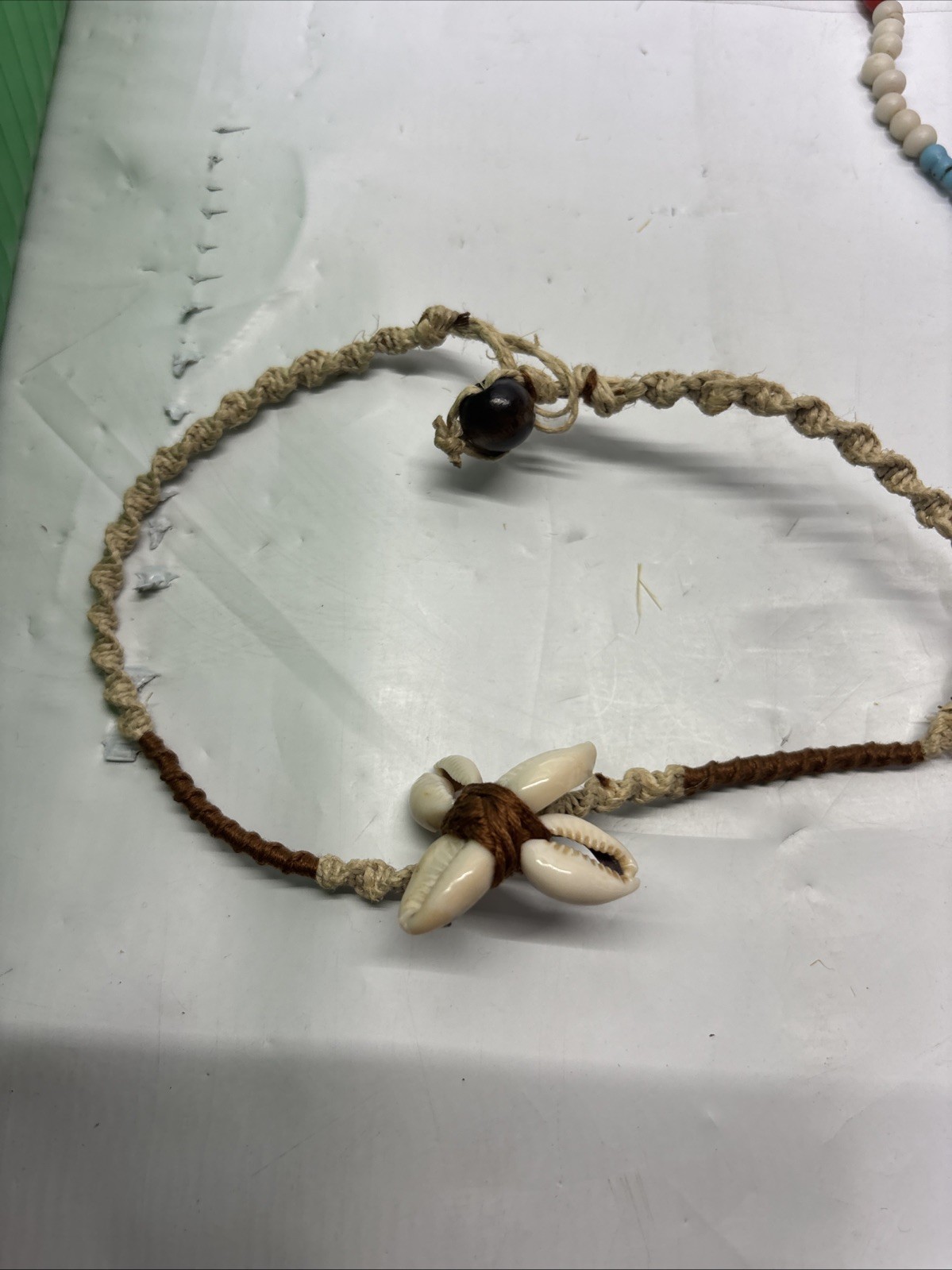 Lot of 3 Old /Ancient Venetian African glass trade beads & hemp Seashell Chocker