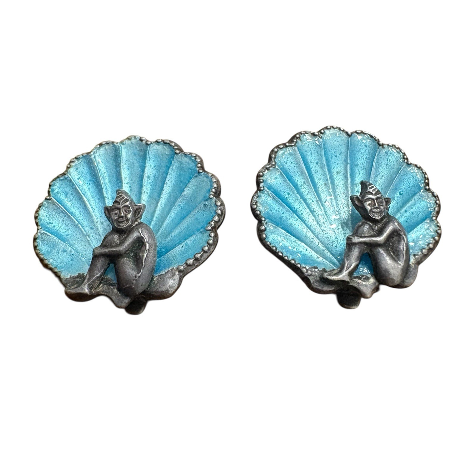 VTG 1930s Sterling Bernard Instone Art Deco Figural Cornish Pixie Shell Earrings