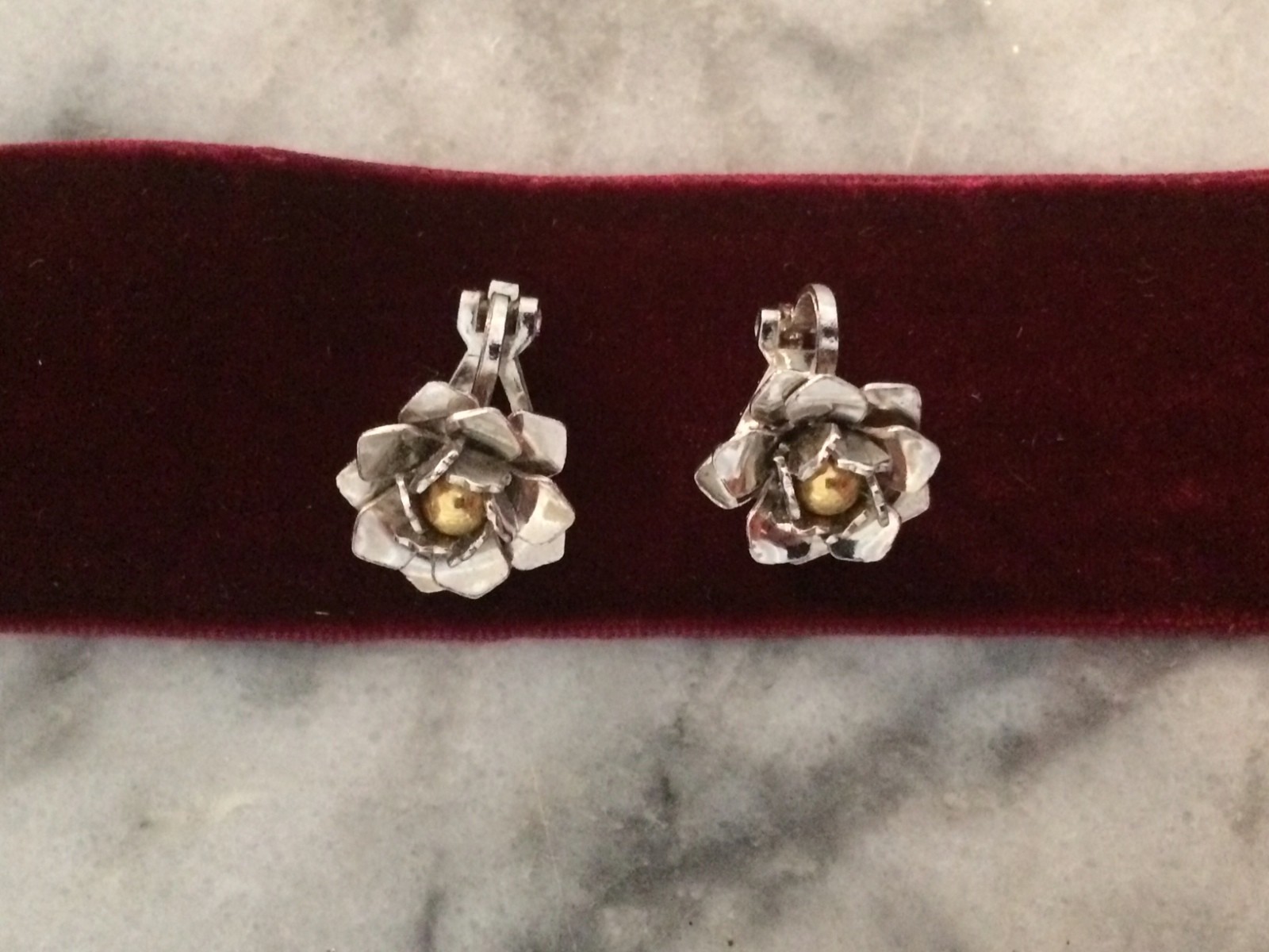 Vintage Silver Metal & Copper English Rose Floral Clip Earrings British Auction