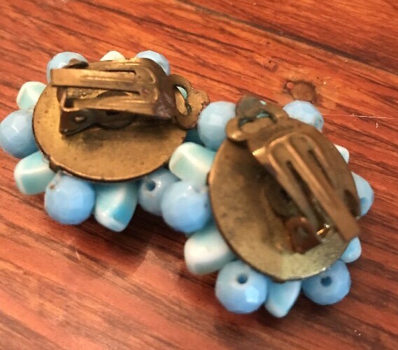 Vintage Signed WEST GERMANY Art Glass Blue Beaded Necklace And Clip On Earrings