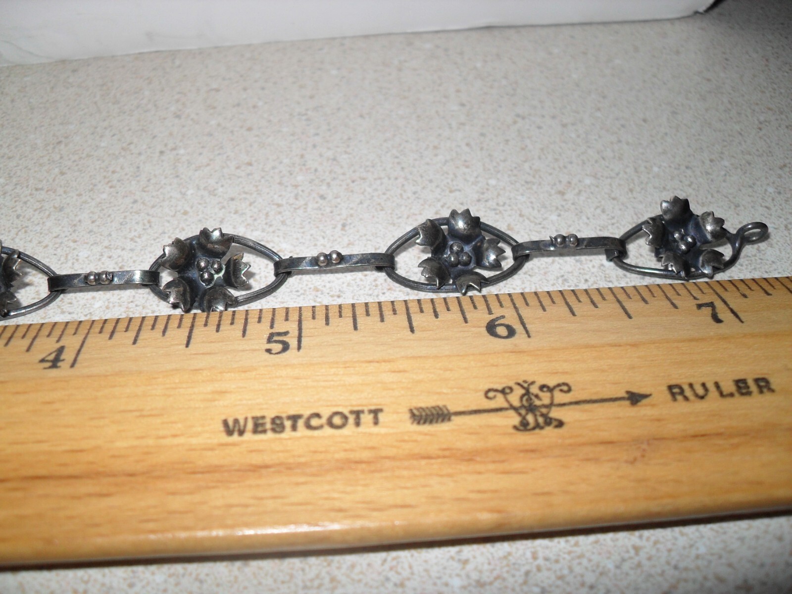 Vtg Sterling Silver Oval Flower Link Bracelet 7 1/2 Inch Art Nouveau Style