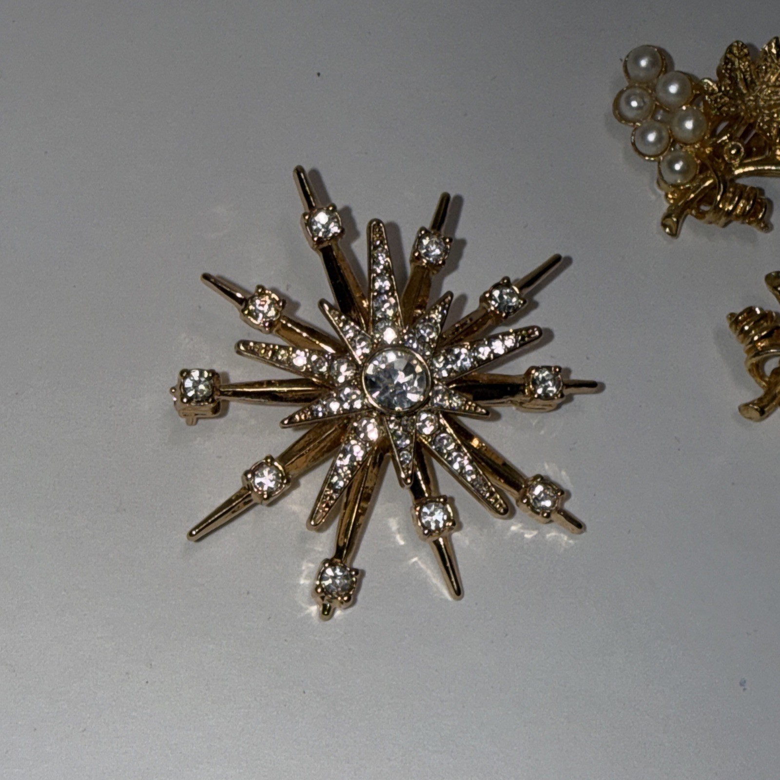 Vintage Gold Tone Clip Earrings Pearl Grape Clusters & Golden Starburst Brooch