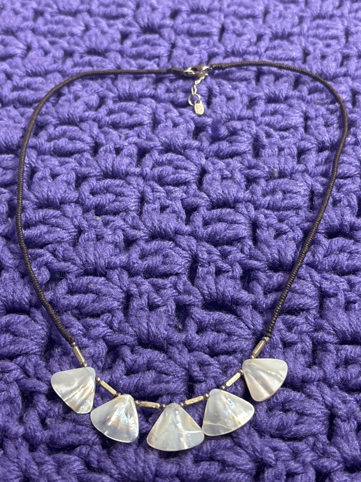 Vintage Guardian Mother of Pearl Silvertone Brown Cord Necklace 17 – 18 inches