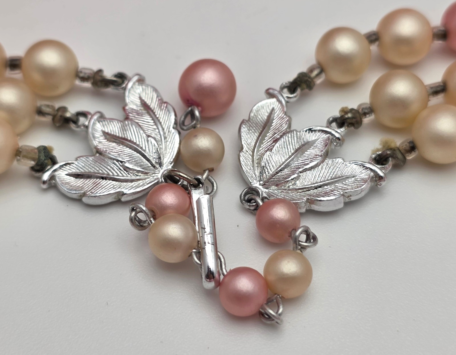 Vintage Japan Pink Faux Pearl Triple Strand Layered Necklace Crystal 17”