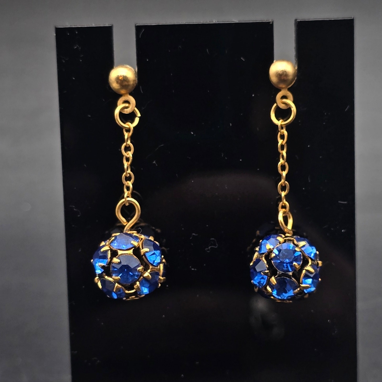 Blue Rhinestone Ball Earrings Gold Tone Pierced Post Dangle Drop Vintage
