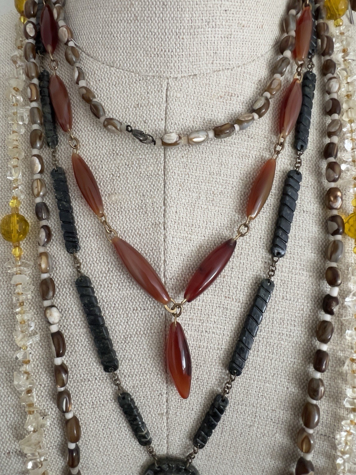 Vintage Lot – 4 Boho Necklaces: 20-48” – Moss Agate, Citrine, Trochus Shell Bead