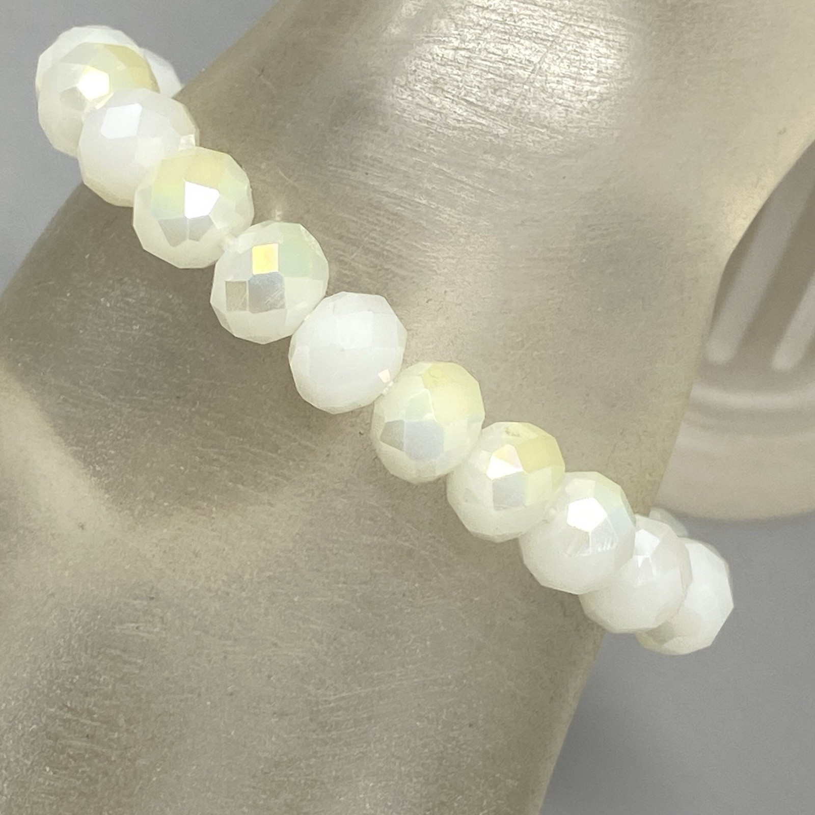 Ivory Glass Beaded Bracelet Fire Polished Faceted Stretch Elastic Classic 6″
