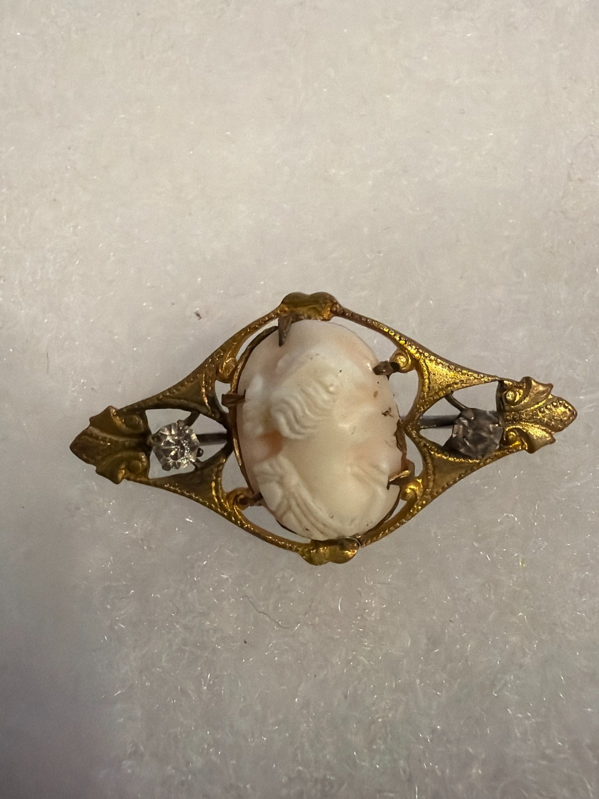 #61 – Antique Cameo Portrait Brooch – Gold-Tone Filigree – Victorian Style