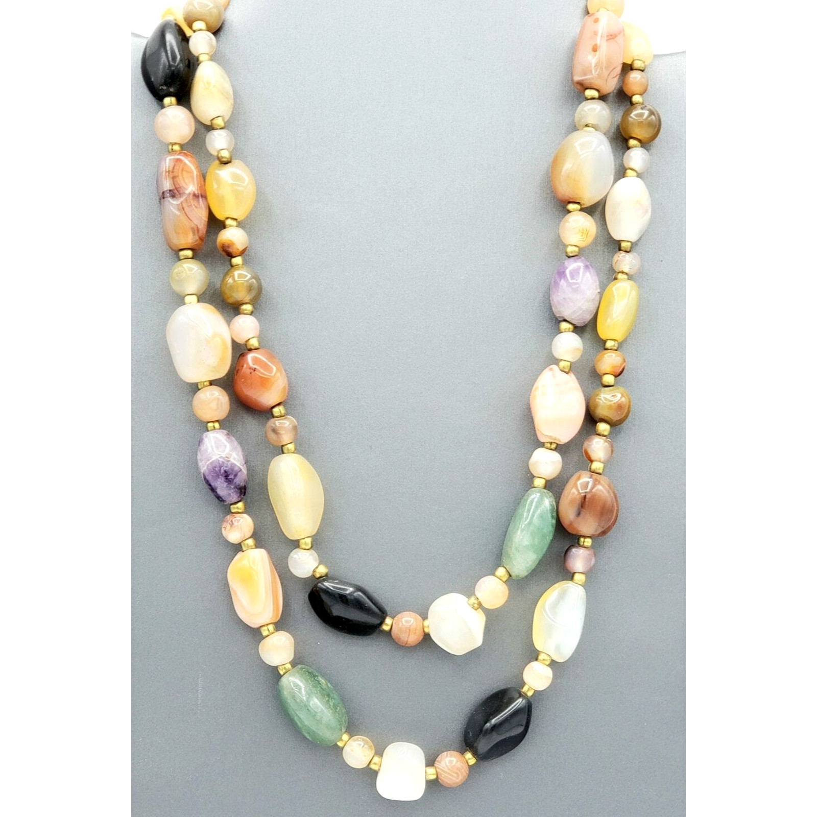 Colorful Agate Stone Necklace 36″ Long Sustainable Boho Jewelry blu1-22