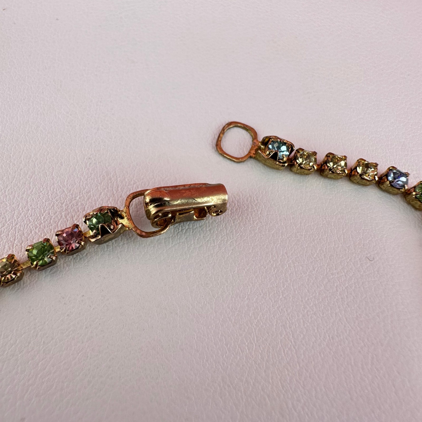 Vintage Rhinestone Bracelet Pastel Multi Color Gold Tone Tennis Cup Chain 6.75″