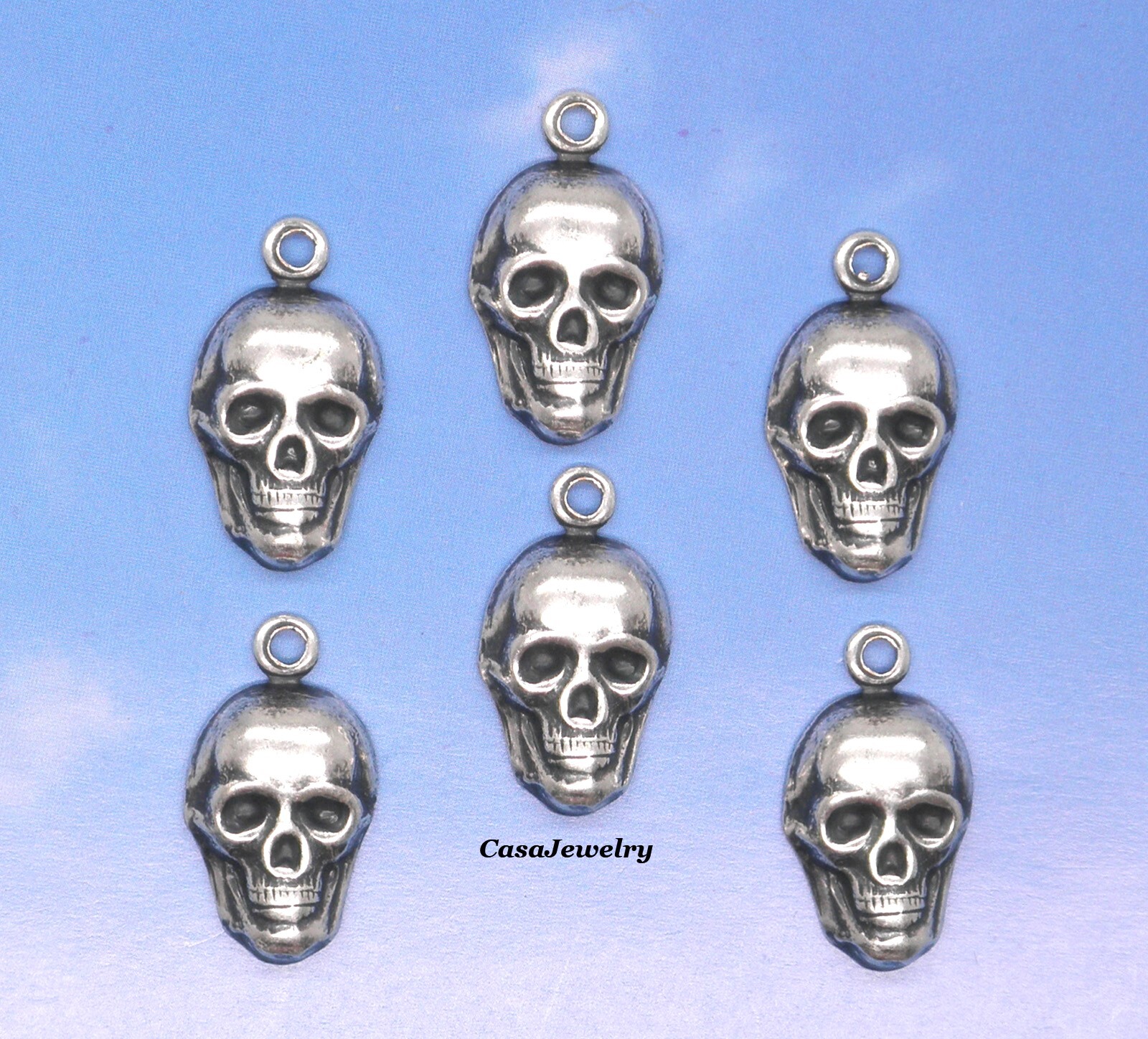 #0288 SMALL ANTIQUED STERLING SILVER PLATED SKULL W/TOP HANG RING – 6 Pcs