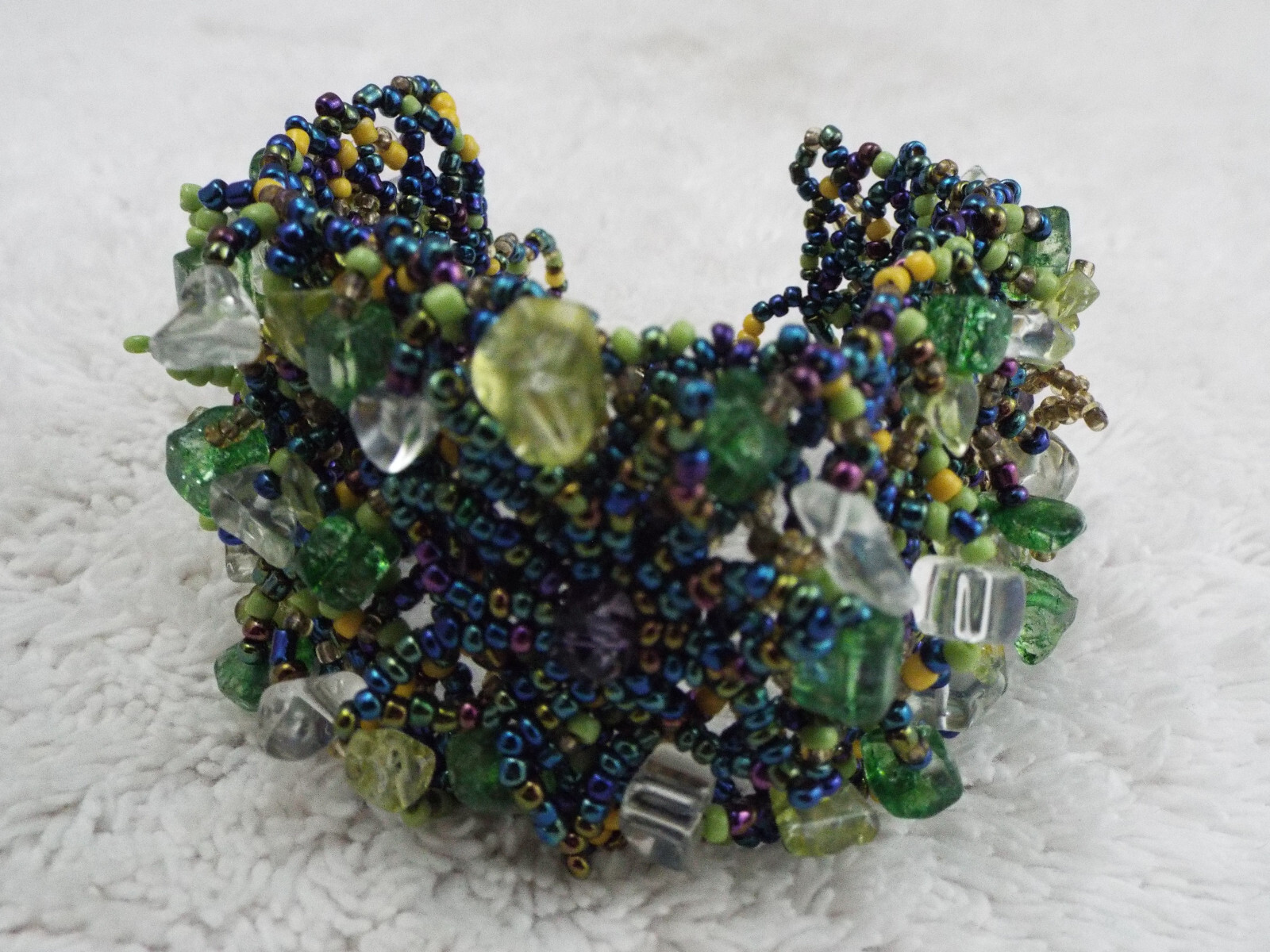 Peacock Blue Purple Gold Green Micro Glass Bead Mesh Bracelet (D15)
