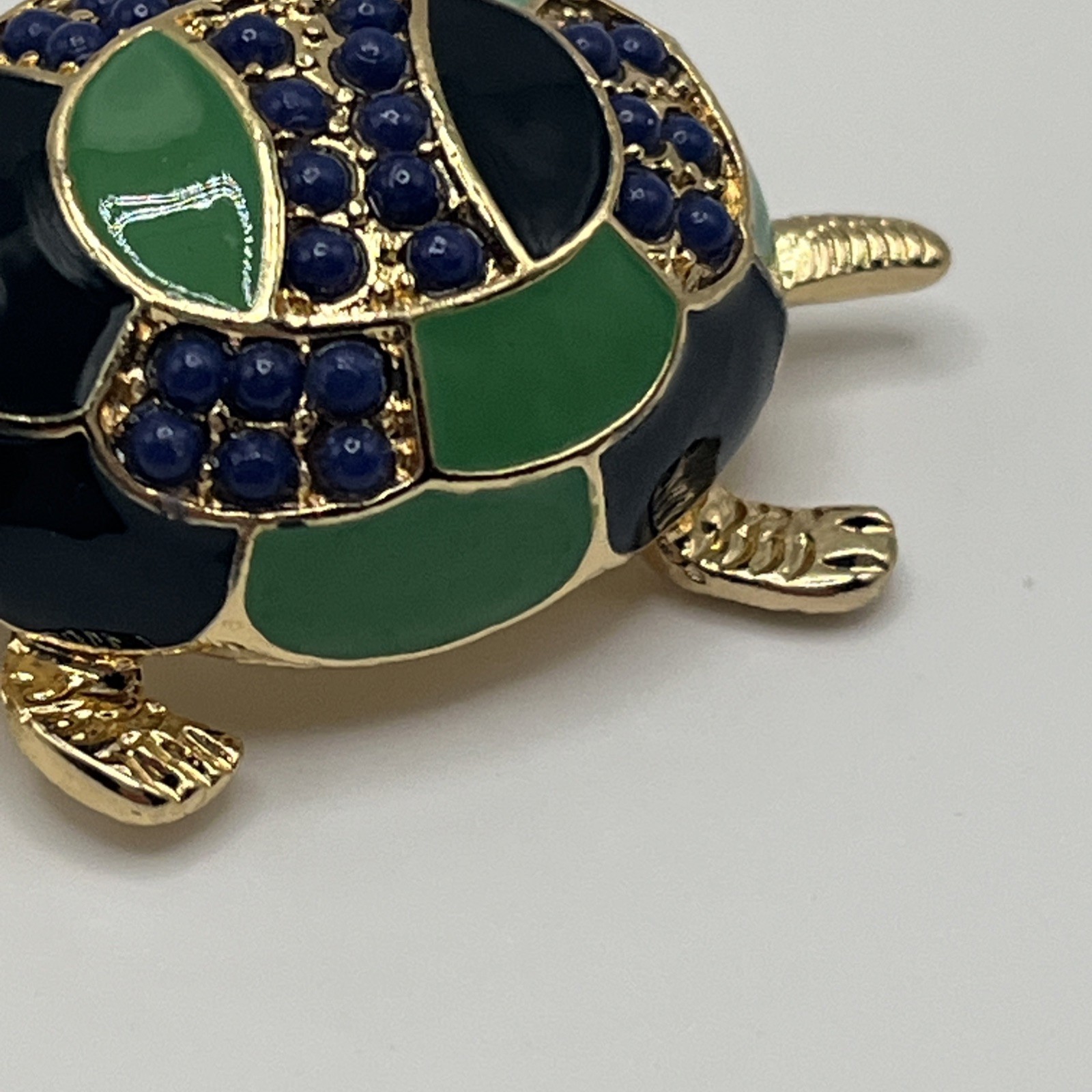 Vintage Enamel Turtle Brooch Gold Tone Green Blue Statement Piece Pin