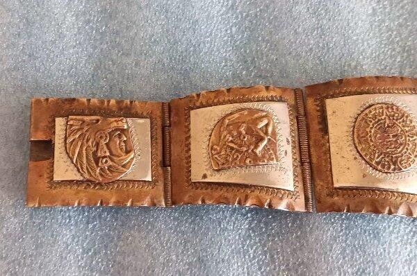 Vintage Mexico Sterling Silver Copper Panel Bracelet Mayan Calender Mixed Metal