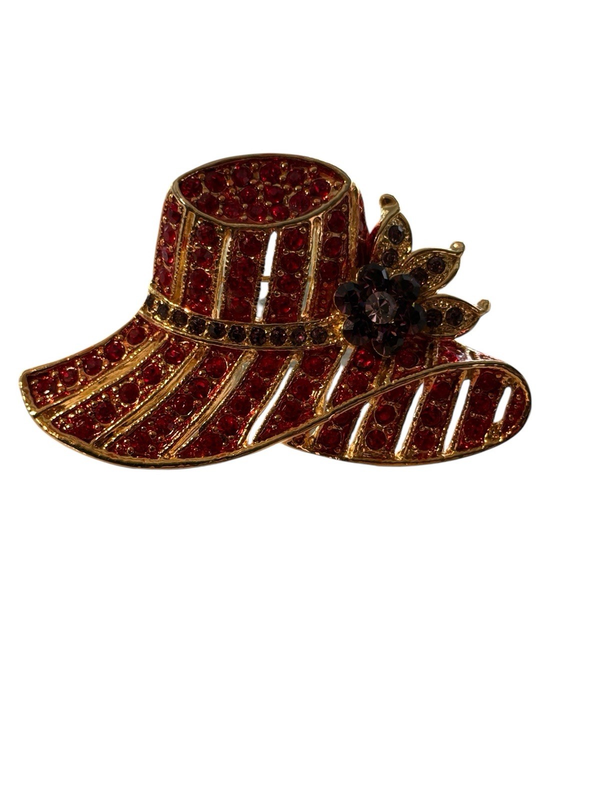 Vintage Red Hat Society Brooch Pin Red & Purple Rhinestones Gold Tone Flower