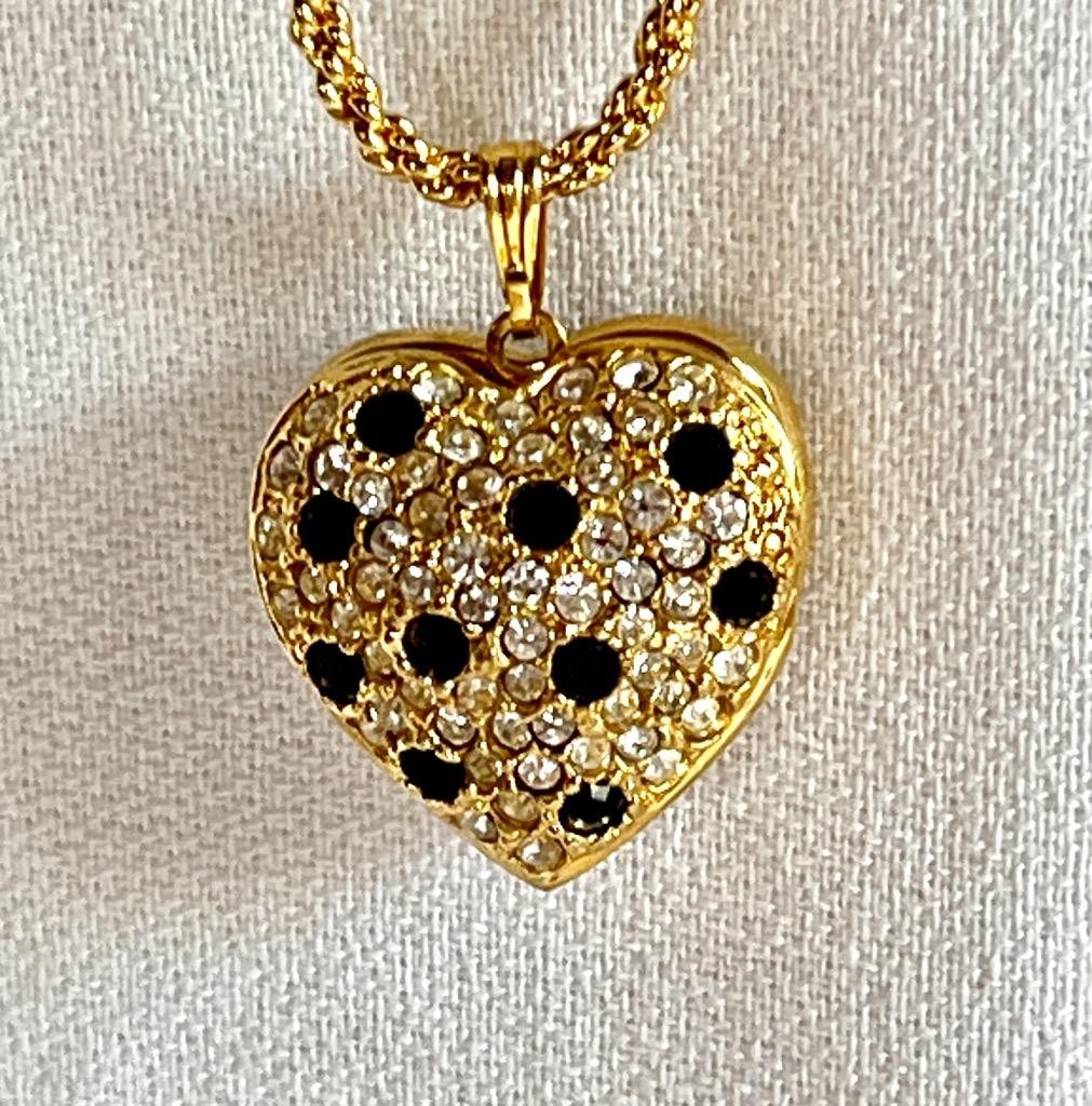 JOAN RIVERS Pave & Black Crystal Puff Heart Locket Necklace 32” chain #45-3