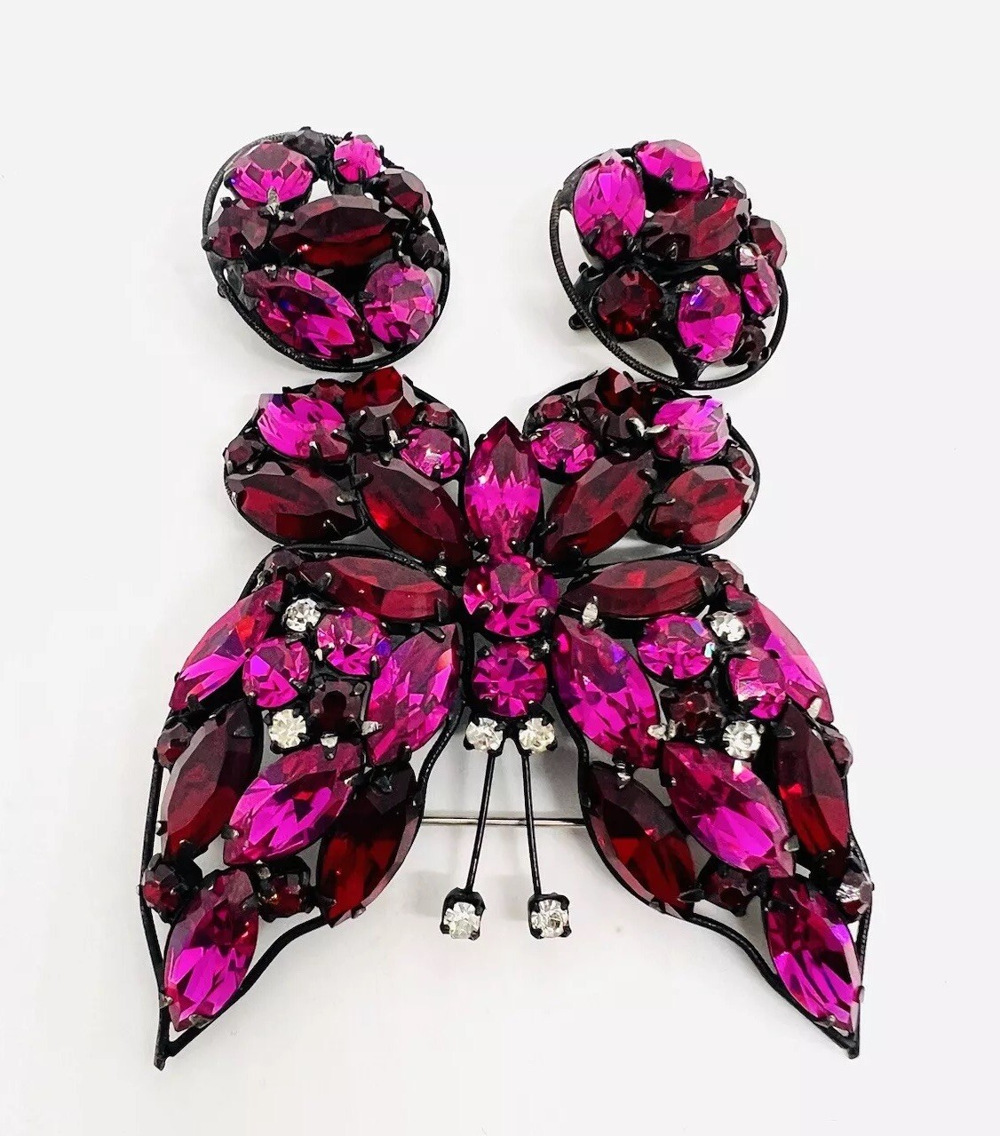 LaRoco Fuchsia & Red Rhinestone Butterfly Brooch Earrings Signed Vintage Jewelry