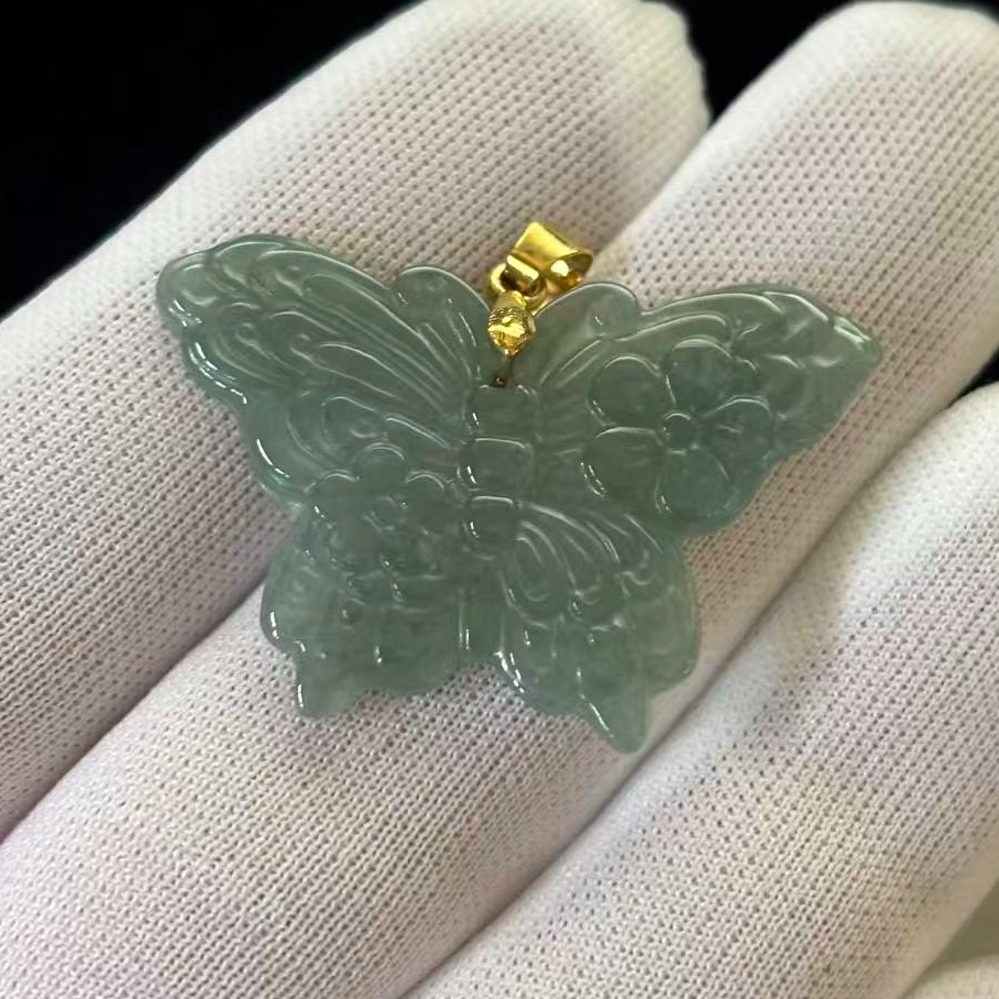Hi-grade Translucent Natural Green Jade Jadeite Pendant Carved Butterfly,36x24mm