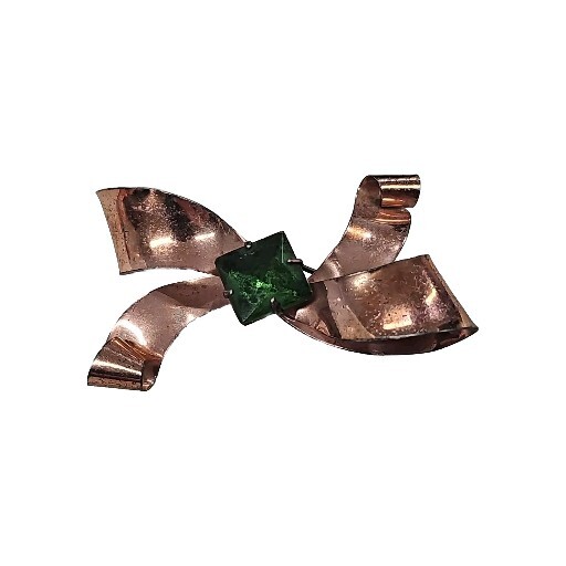 Vintage 1930s – 1940s Jolle Sterling Silver Stylized Bow Glass Emerald Brooch