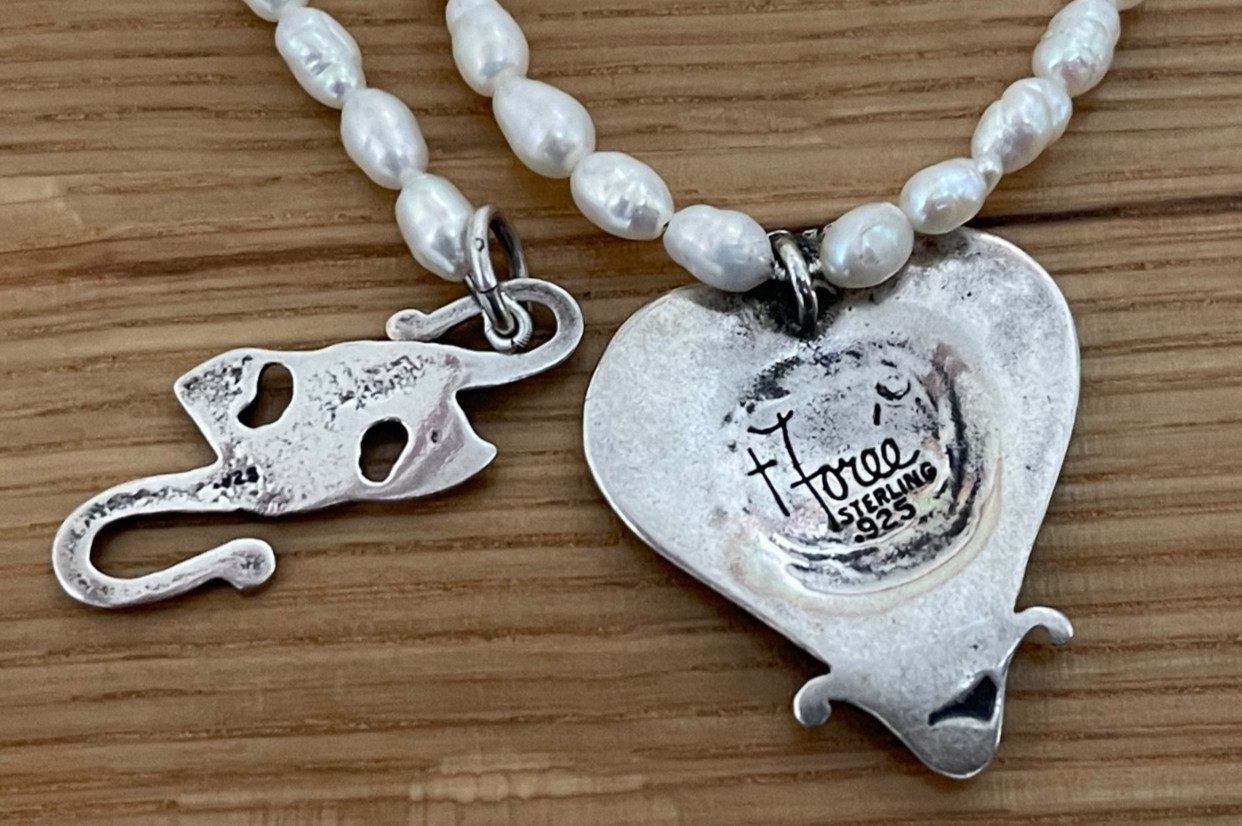 Rare T FOREE Sterling Heart Pendant & “Fish Hook” Clasp Pearl Necklace