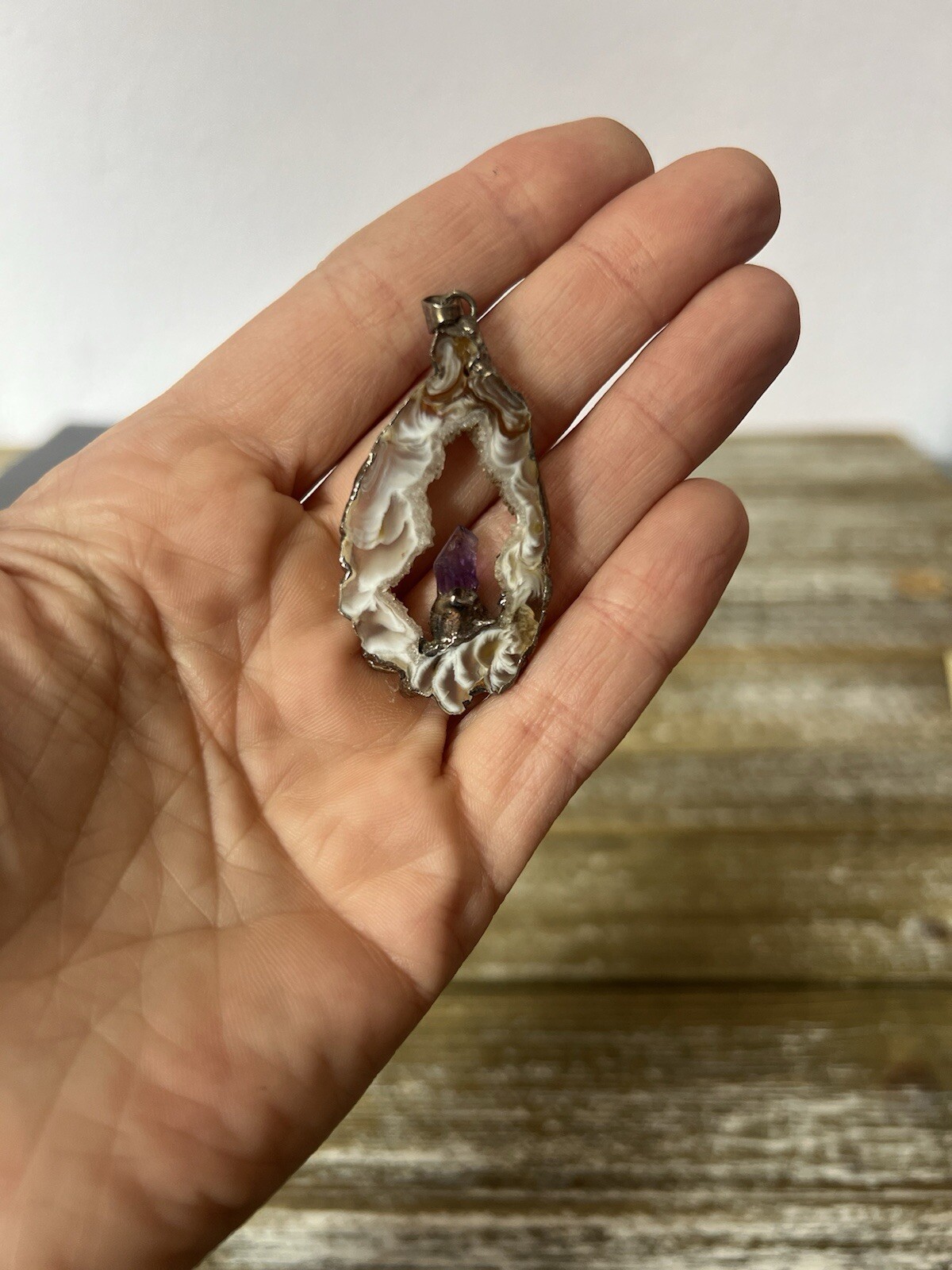 Vintage Black & White Agate Geode With Amethyst Pendant Silver Gorgeous