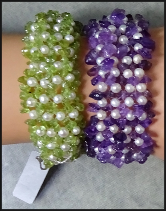 Two CGI Freshwater Pearl Amethyst / Peridot Stretch Bracelet s Retired QVC HSN