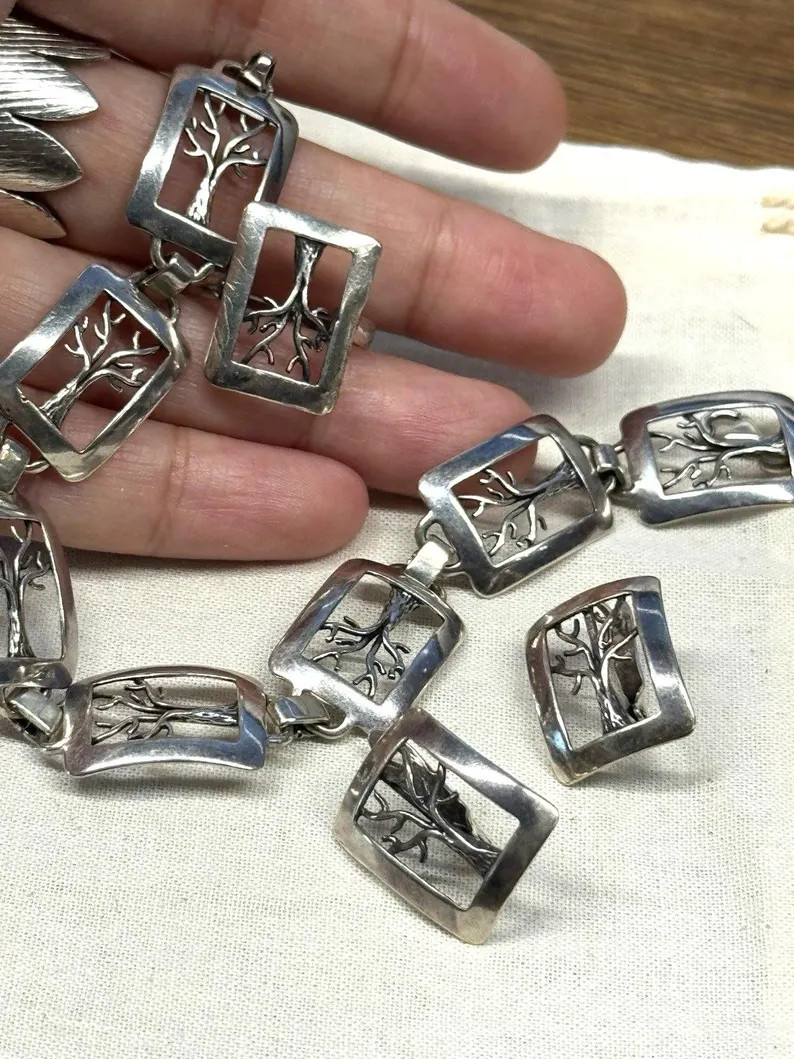 Vintage set tree of life 925 sterling silver bracelet earrings ring