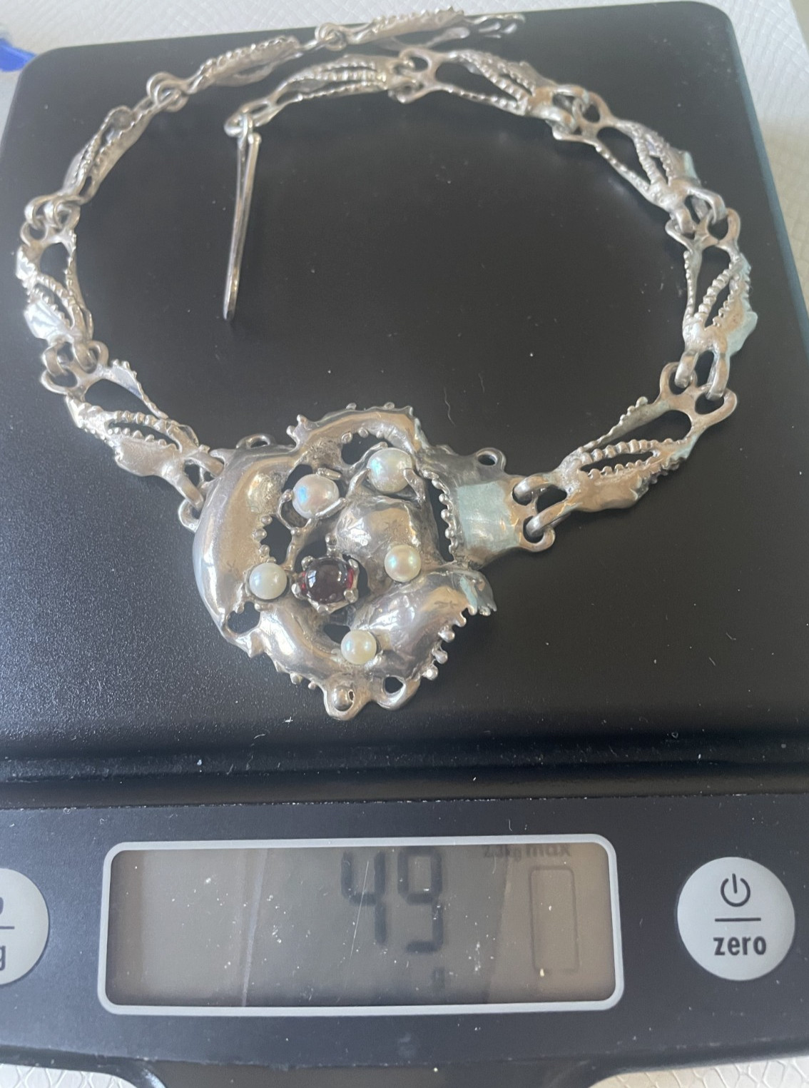 Vintage Brutalist Sterling Silver Necklace Pearl Garnet Organic Modernist 49g