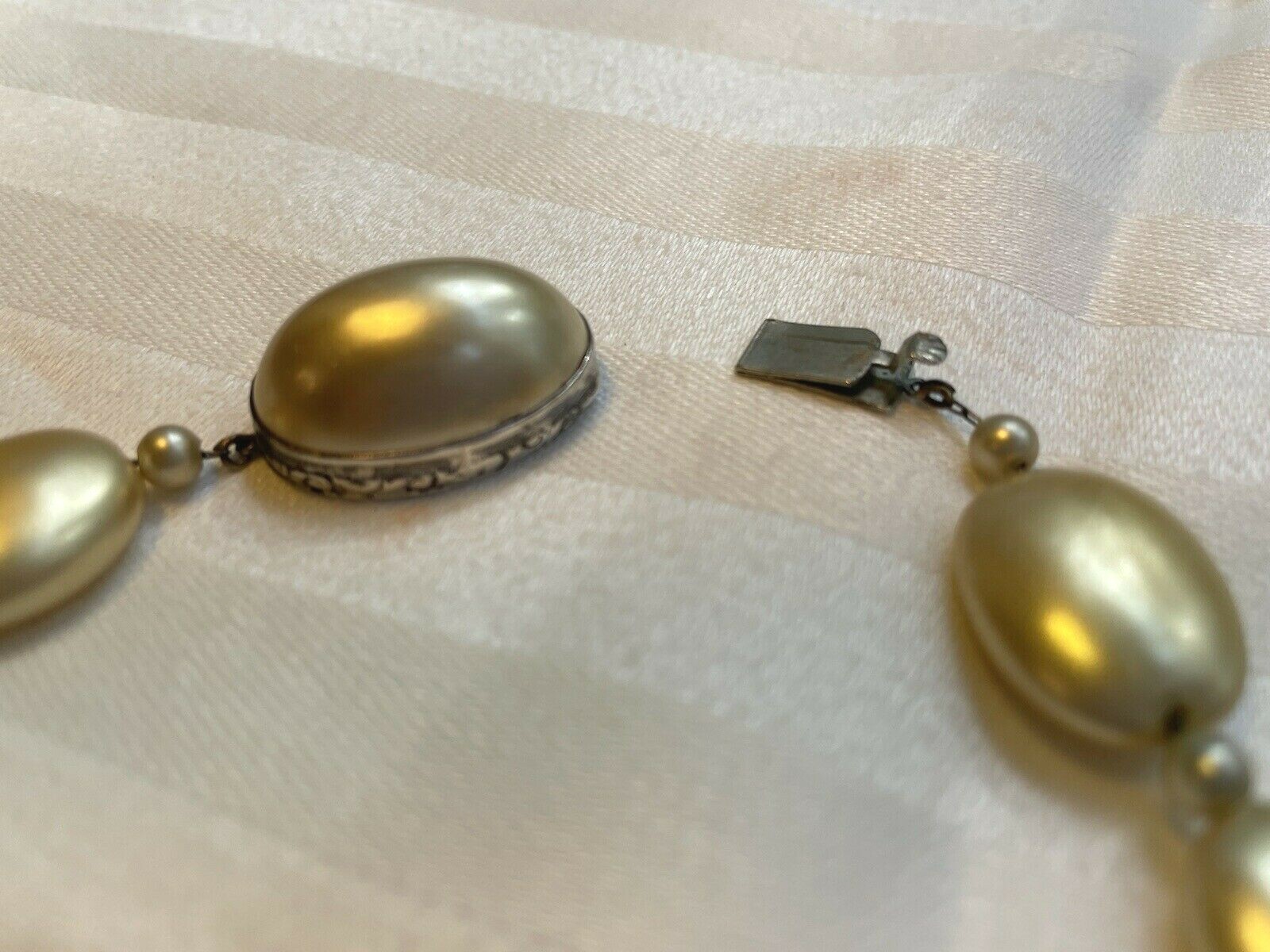 Vintage Sterling Silver Champagne Pearl Disk Necklace 16″