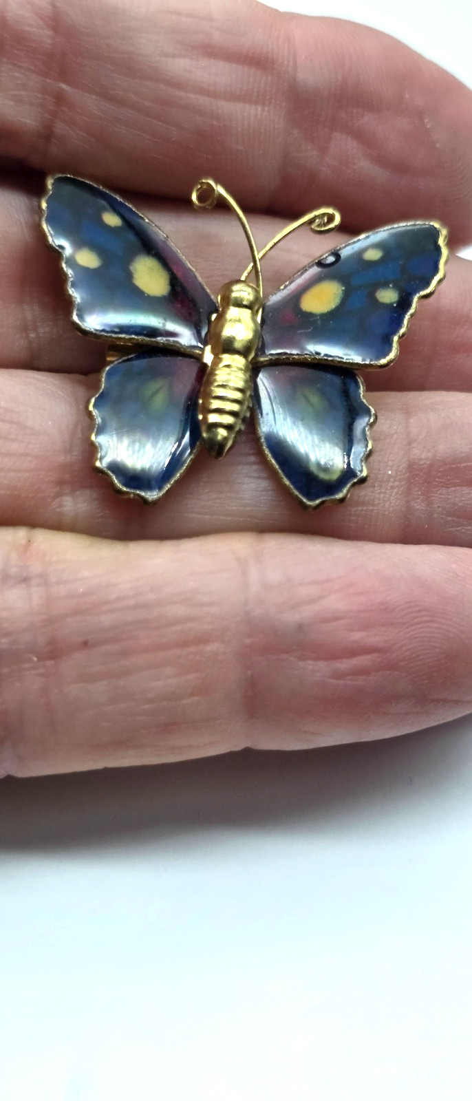 Small Blue Purple Green Cream Enamel Gold Tone Metal Butterfly Brooch Vintage
