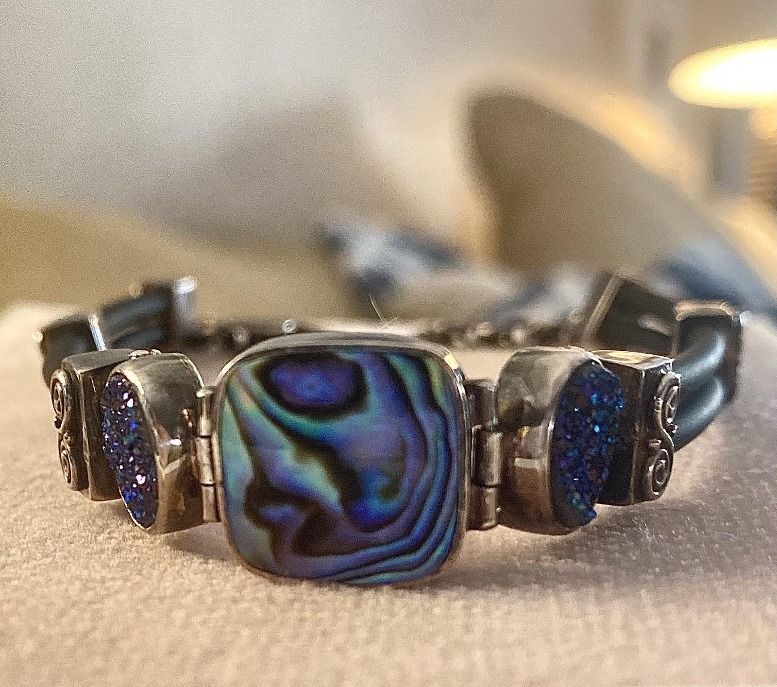 Sajen Sterling Silver 925 Paua Abalone Shell & Blue Drusy Quartz Rubber Bracelet