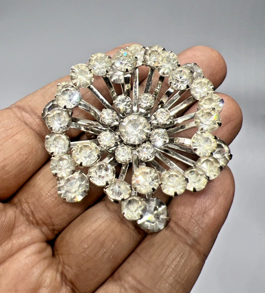 Vintage Rhinestone Starburst Brooch Clear Silver Tone Cluster Dimensional Large