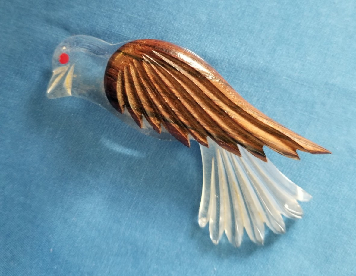 Vintage Lucite And Wood Carved Bird Pin Hawk Eagle 3 1/4″