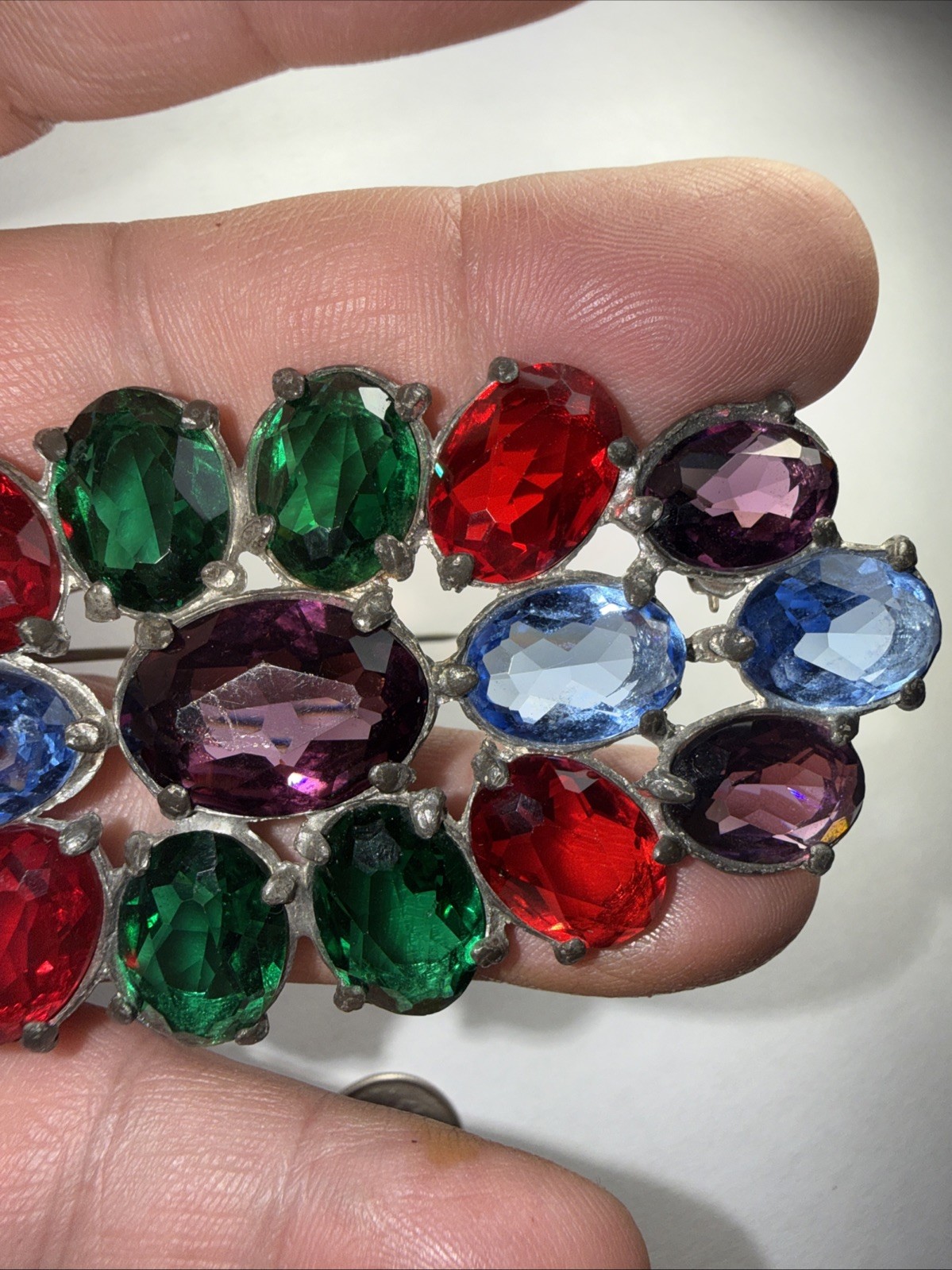 Pin Brooch Czech Art Deco Fruit salad Pot Metal 3.5” Open Back Stones Antique