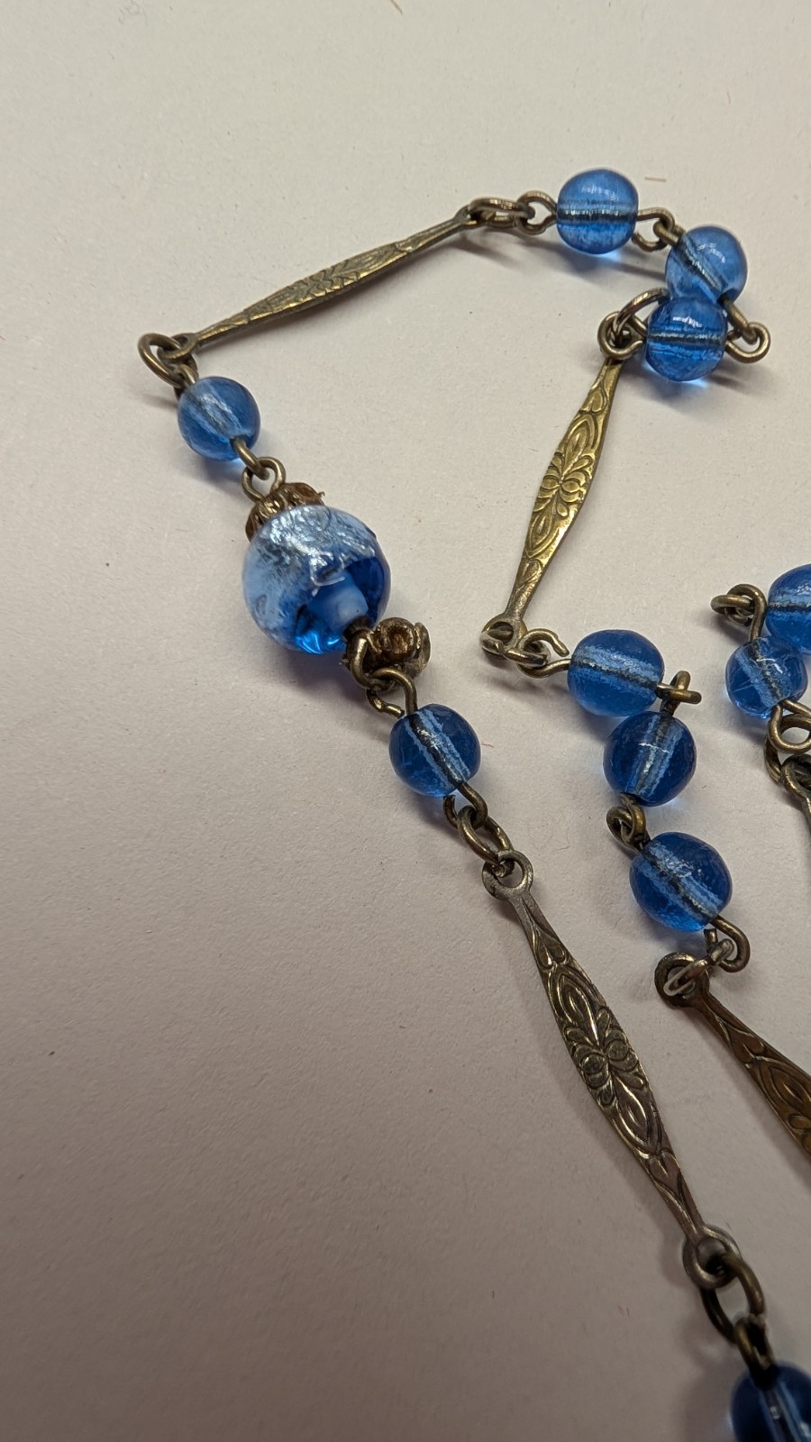 Vintage Czech ART DECO sky blue & silver foiled glass bead dangle drop necklace