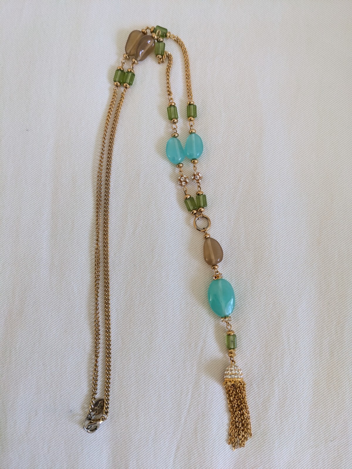 Kenneth Jay Lane Signed KJL Lucite Rhinestone Gold Tone Y-Necklace with Tassel