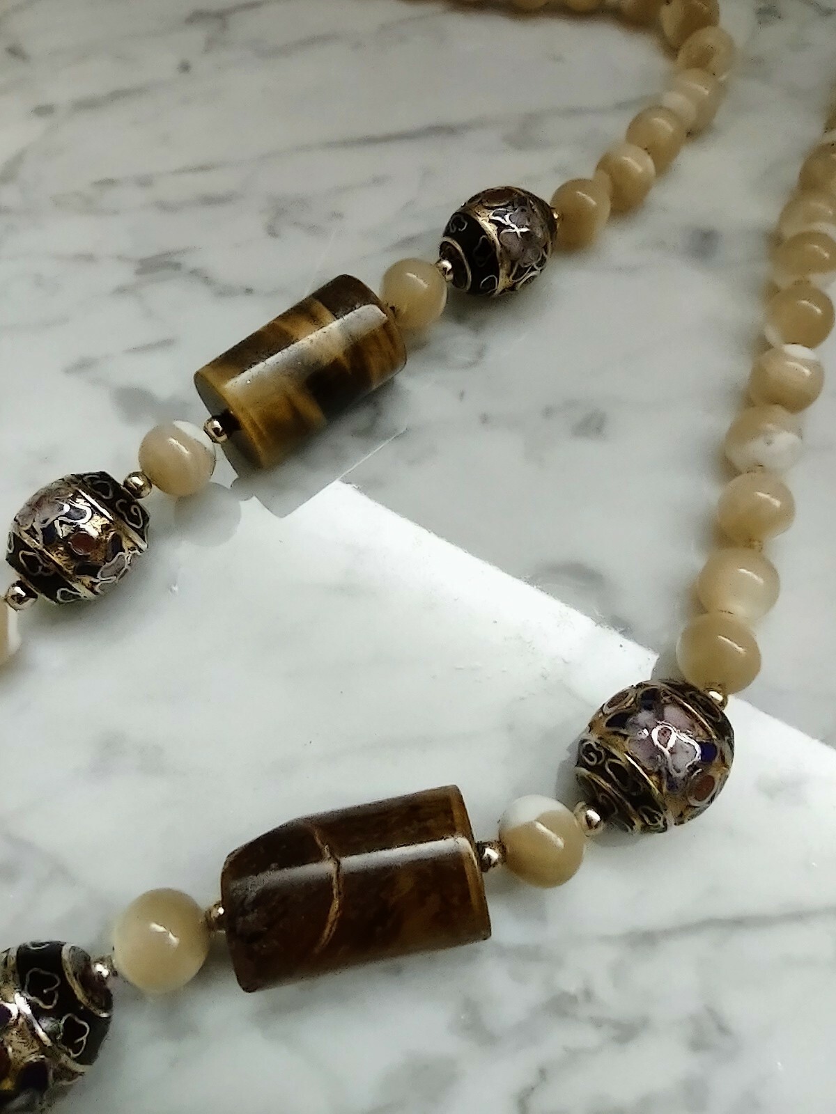 Vintage TIGER EYE Rutilated Jade Bead, Hand Knotted Silk Cloisonne 32″ Necklace