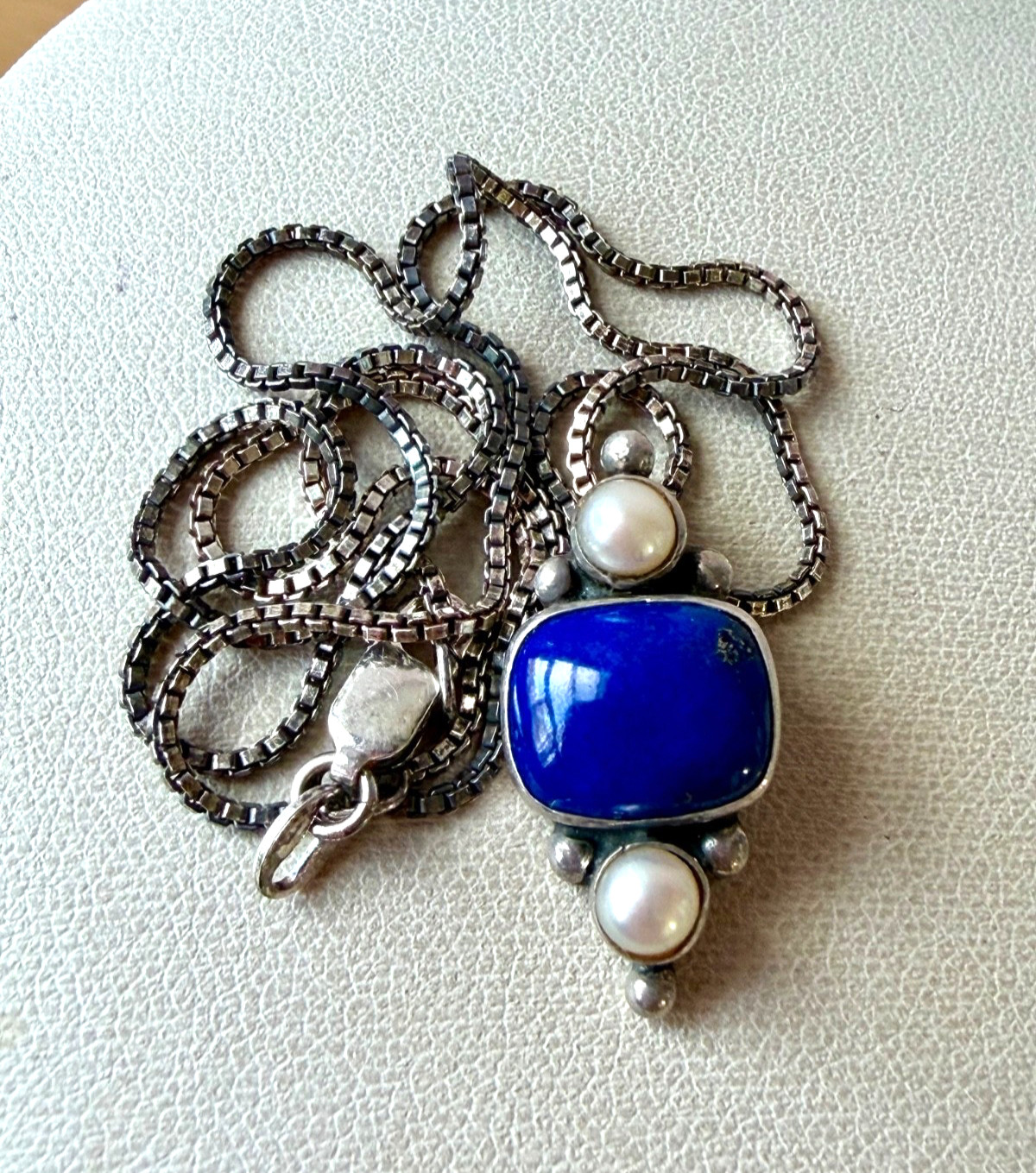 VINTAGE JGD JANICE GIRARDI LAPIS PEARL PENDANT CHAIN NECKLACE 925 STERLING SLVER