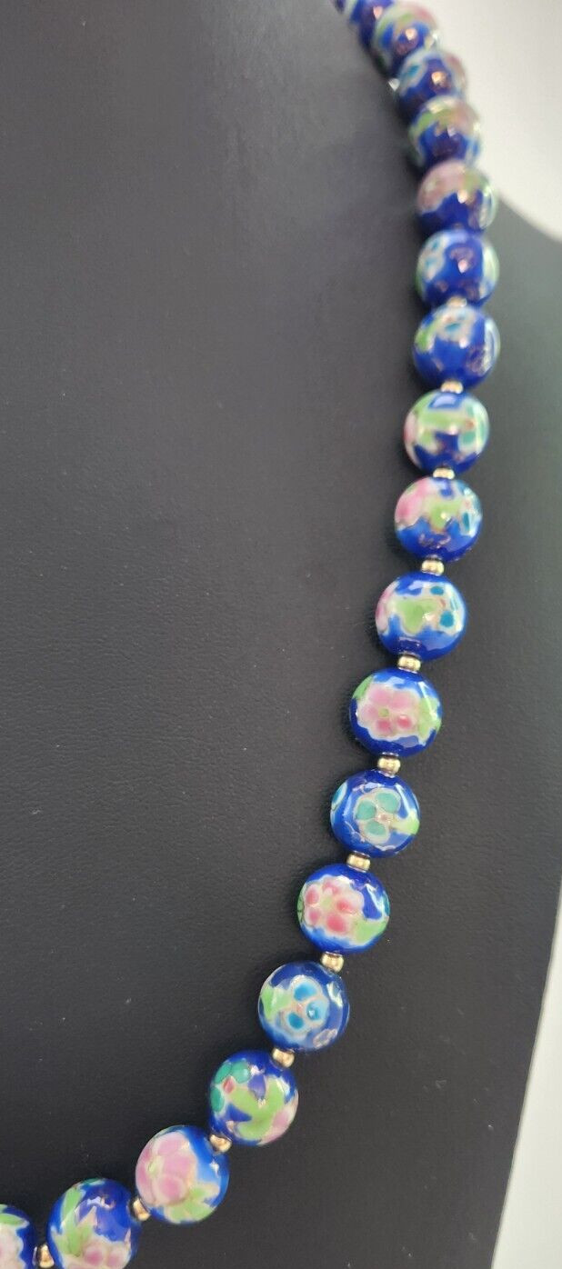 Vintage Japanese Cloisonne Bead Floral Necklace, Blue Pink and Green 22 Inches