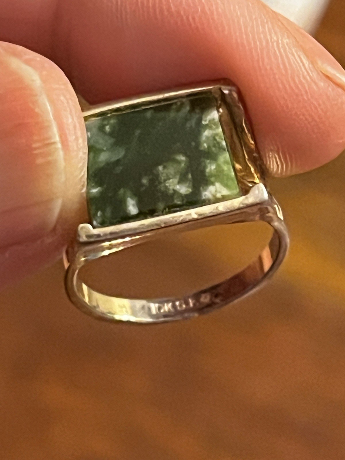 10 K GF Square Green Moss Agate Ring Size 7