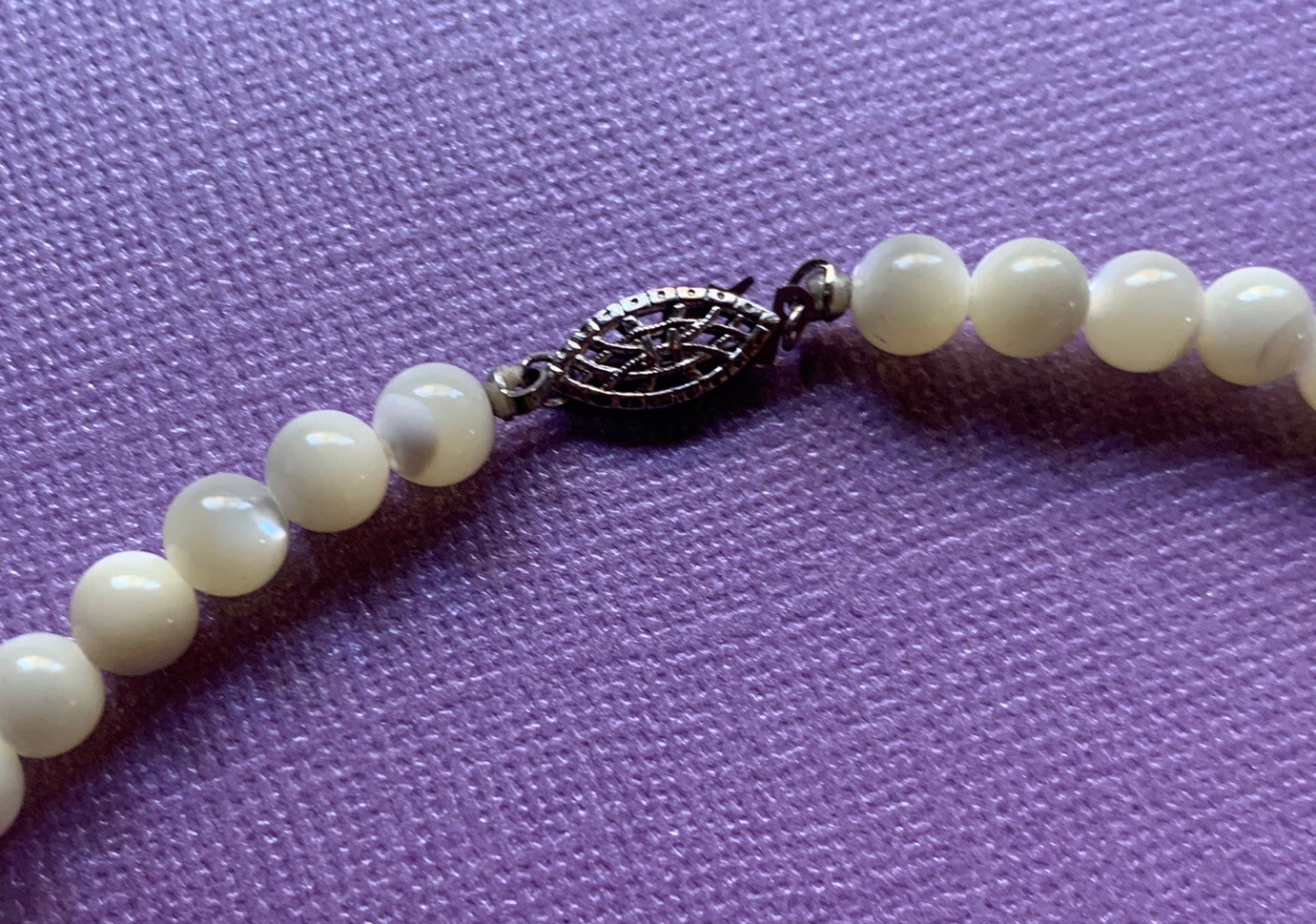 Vintage Mother of Pearl Round Bead Sterling Silver Fish Hook Clasp Necklace